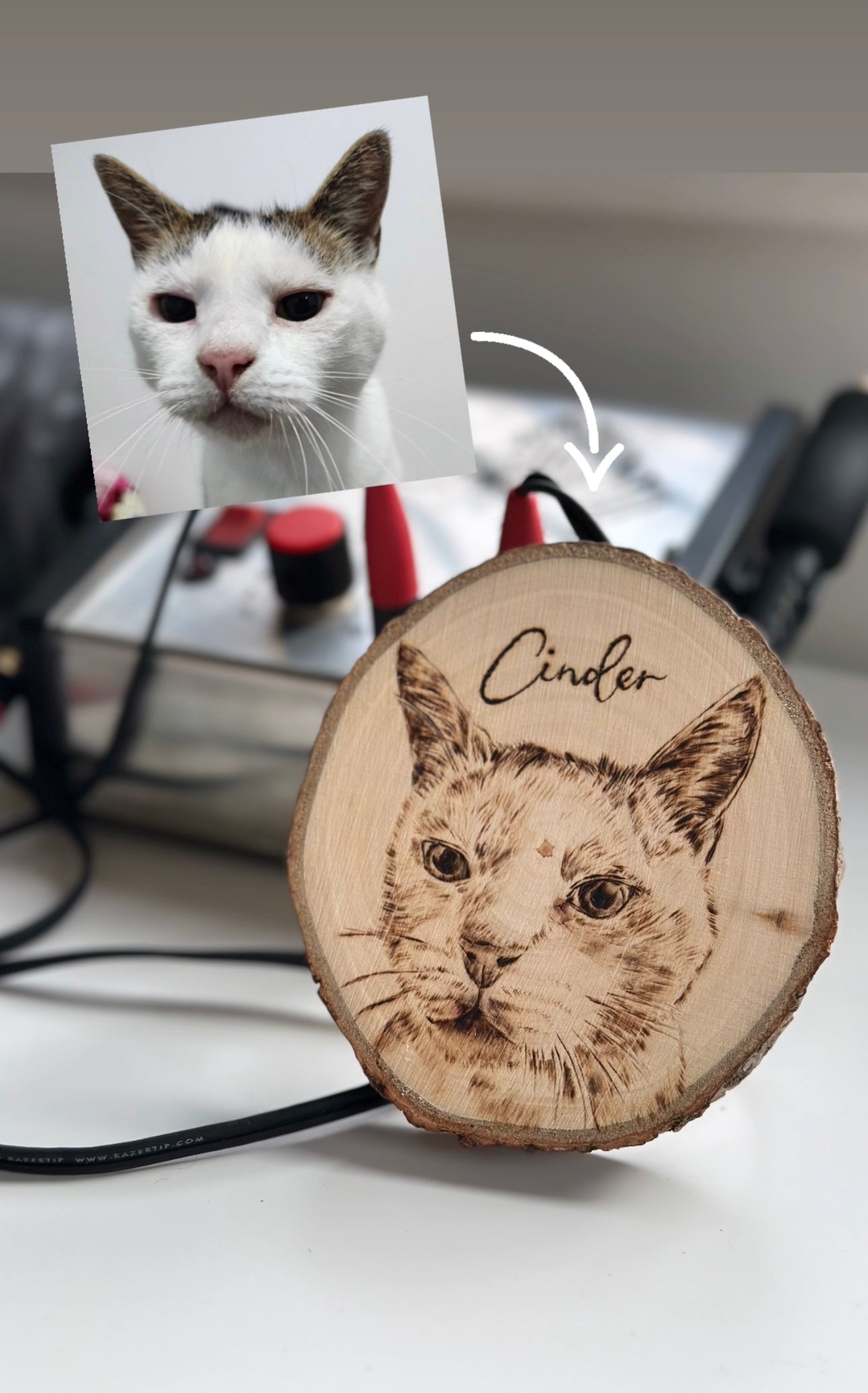 Natural Wood Circle Custom Pet Portrait – Hand-Burned Pyrography Art