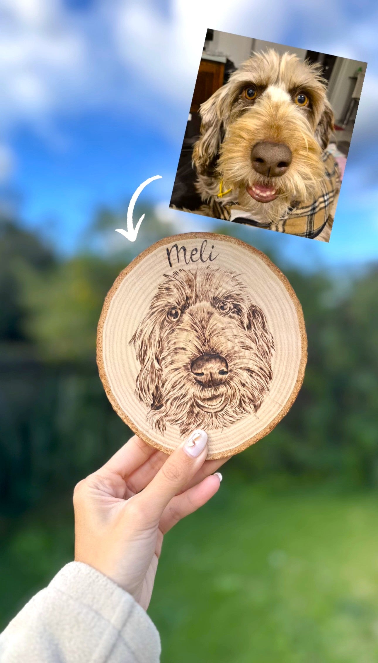 Natural Wood Circle Custom Pet Portrait – Hand-Burned Pyrography Art