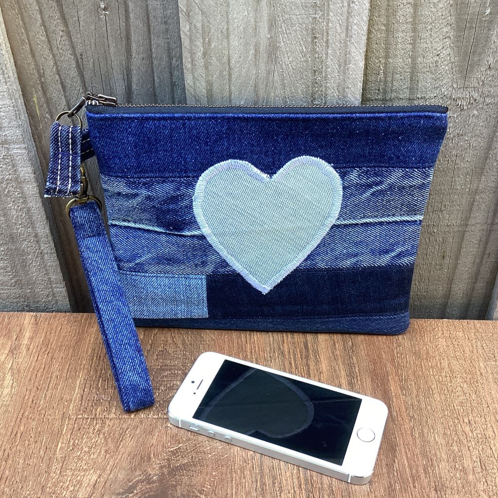 Upcycled Denim Wristlet Purse - Blue Heart