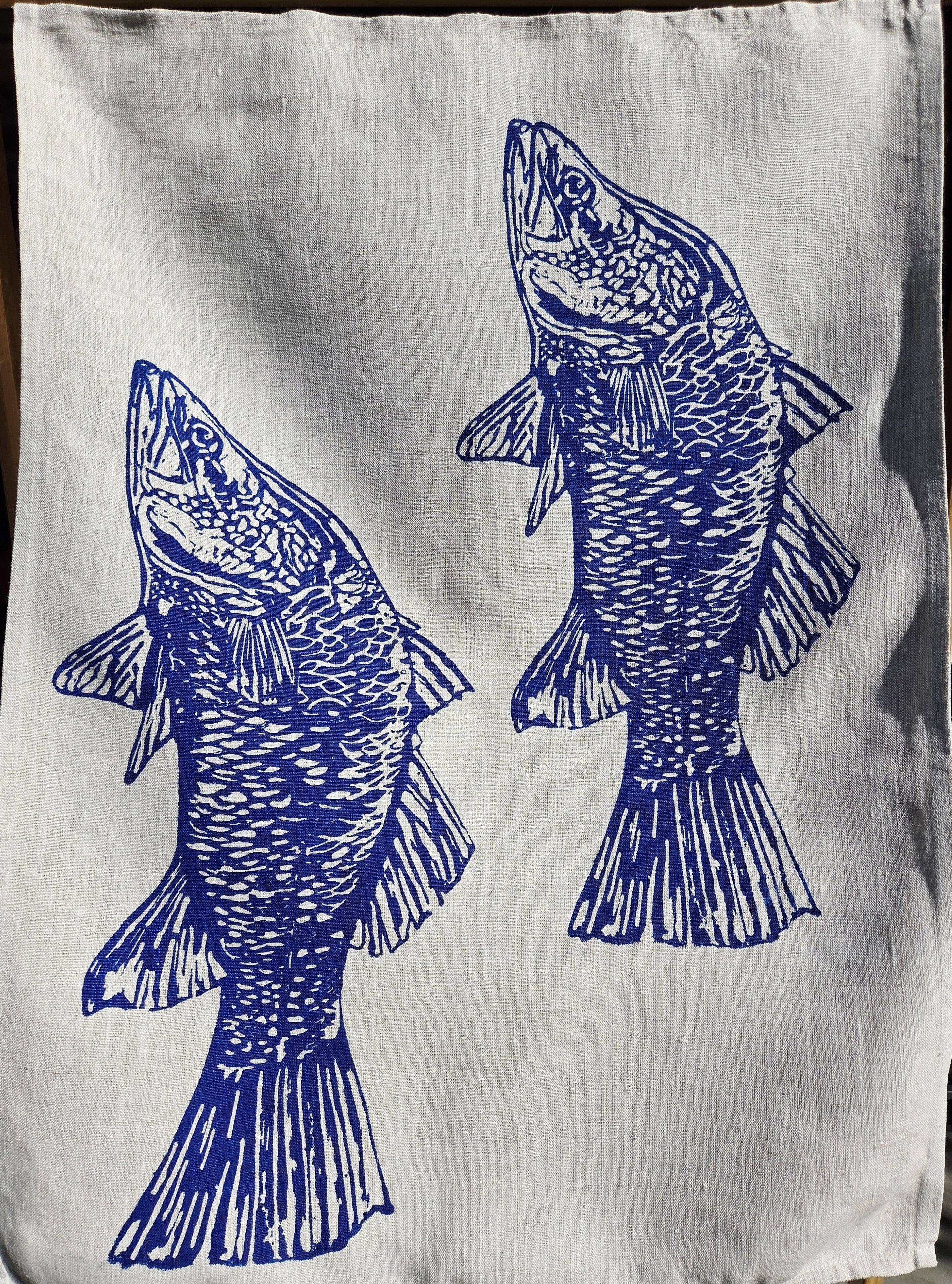 Hand Screen Printed Linen Tea Towels- Australian Barramundi
