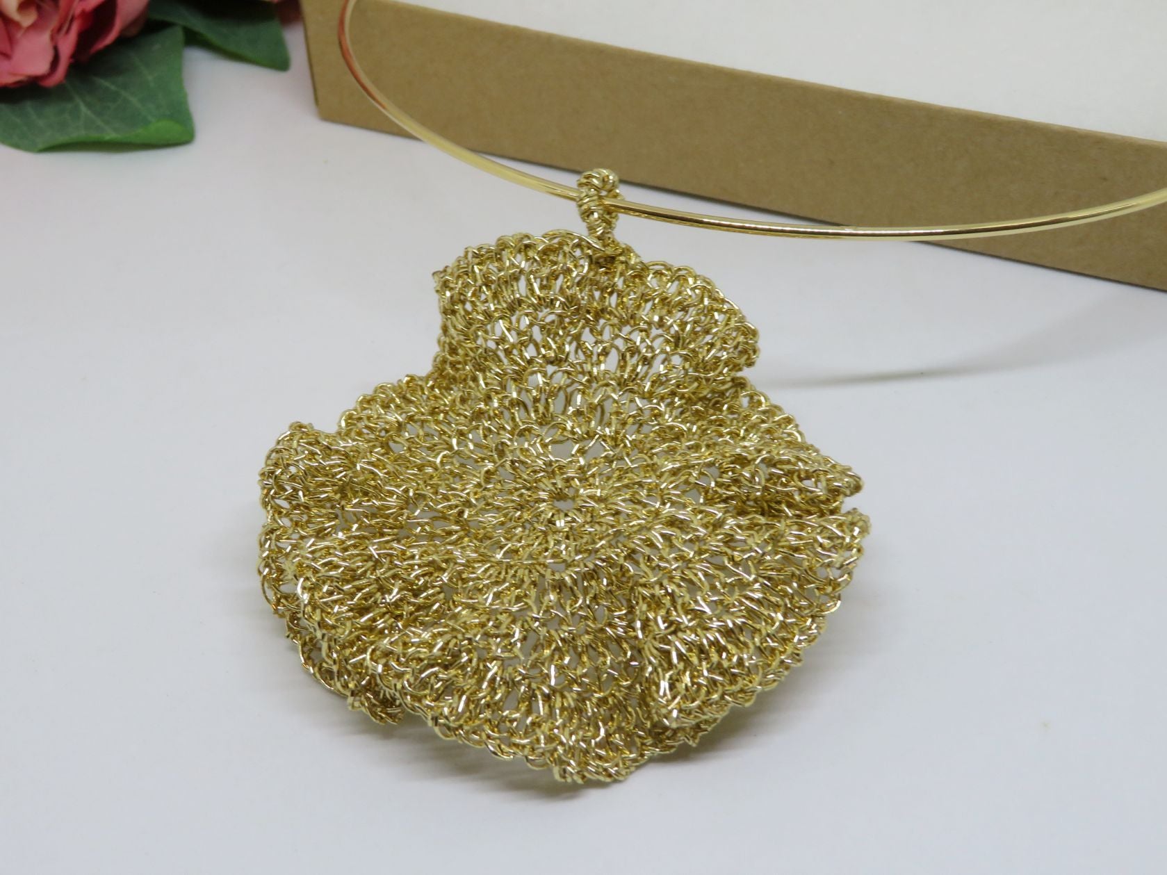 Bespoke Handmade Gold Shimmer Crochet Ripple Pendant Choker Necklace