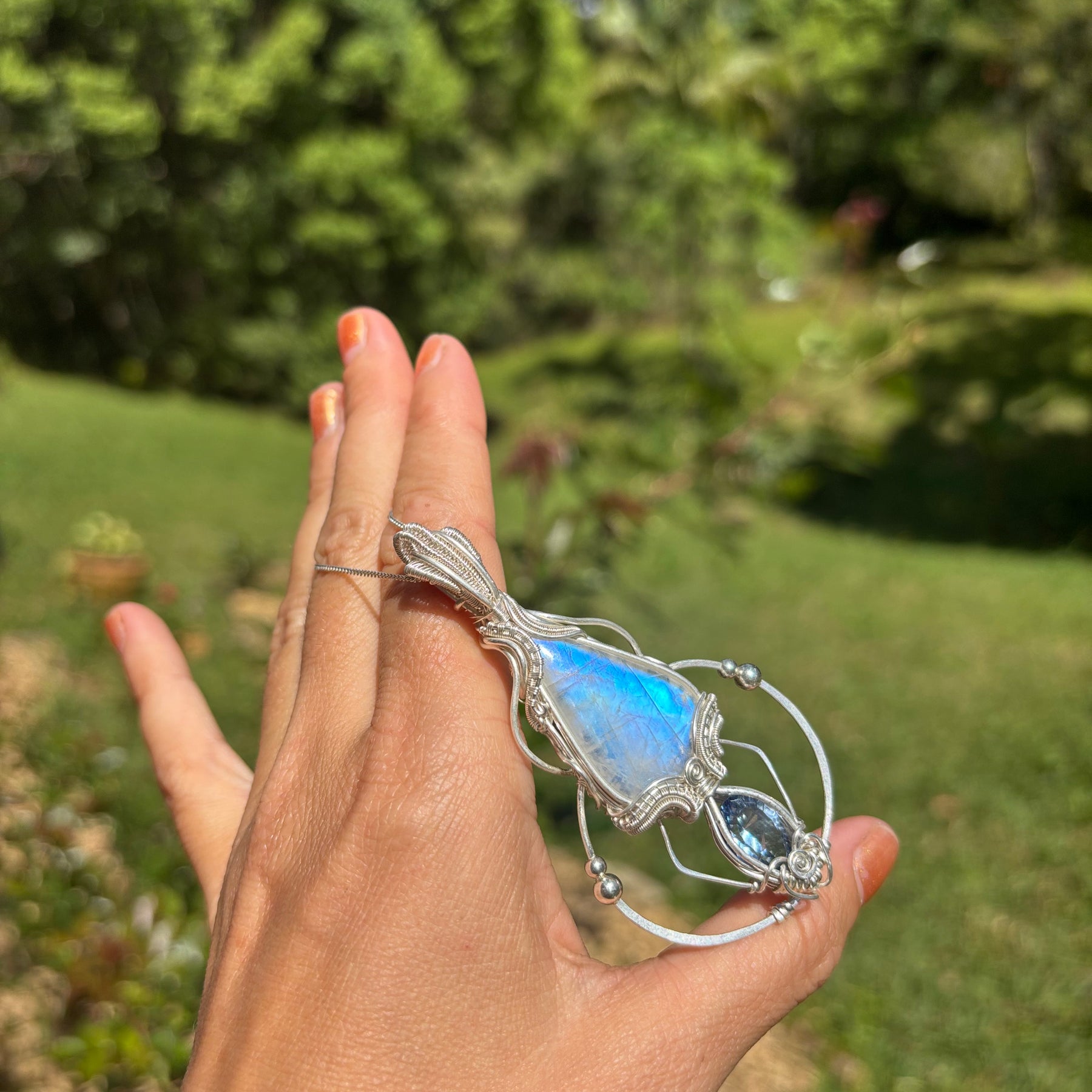 Moonstone, mystic Quartz fantasy geometry pendant