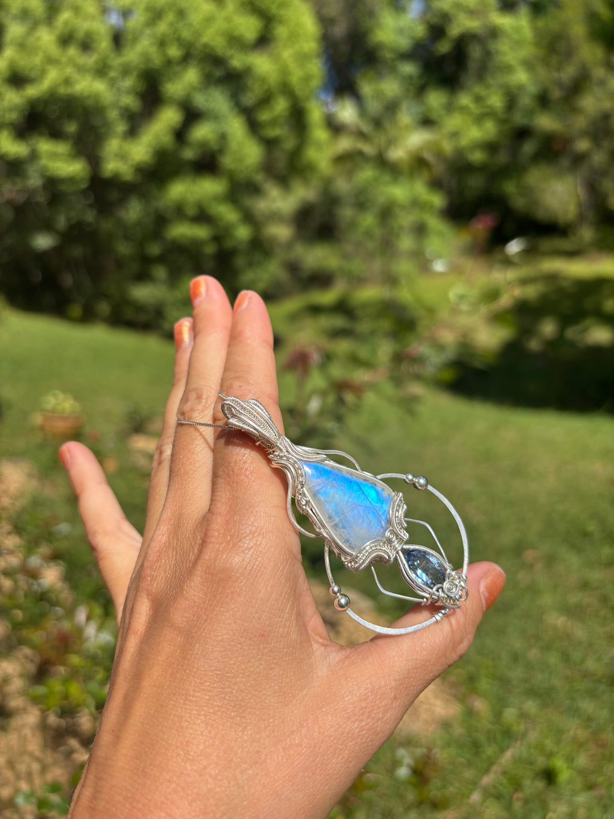 Moonstone, mystic Quartz fantasy geometry pendant