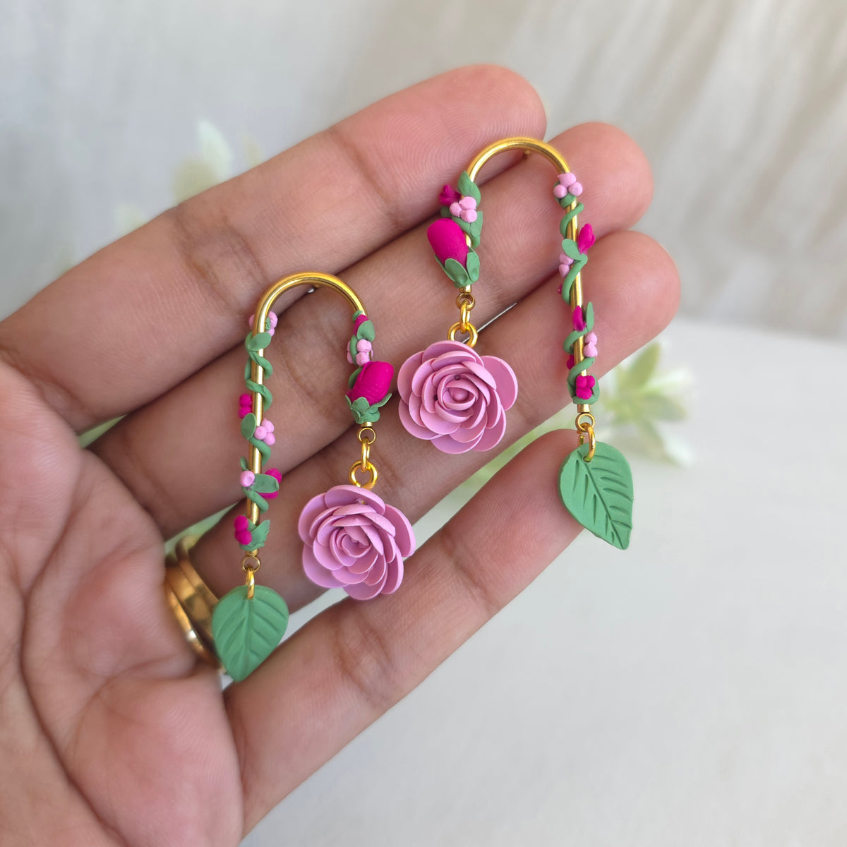 Handmade Polymer Clay Rose Earrings | Floral Vine Dangles | Lightweight Botanical Jewellery