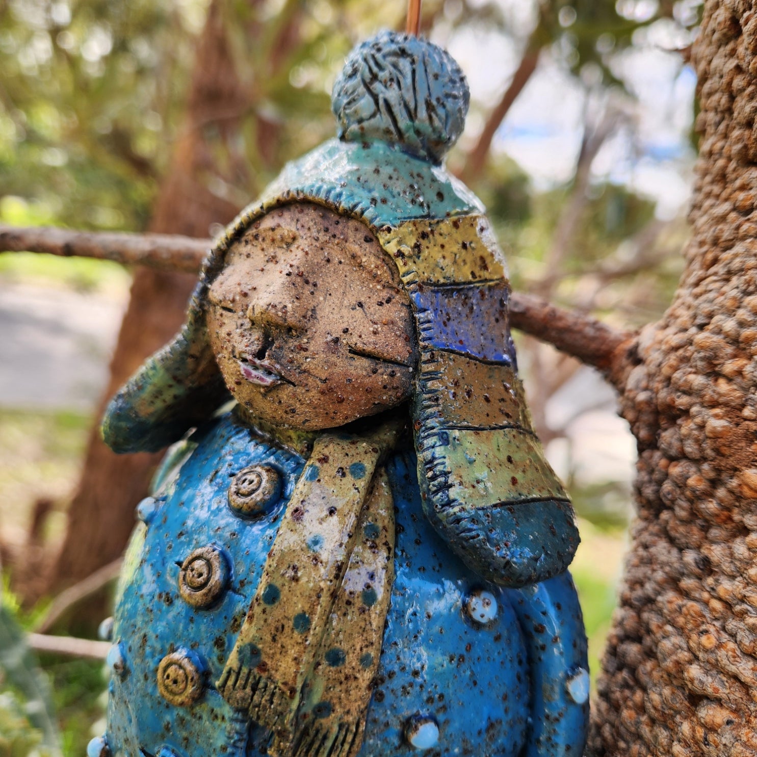 Clay windchime, little girl, blue