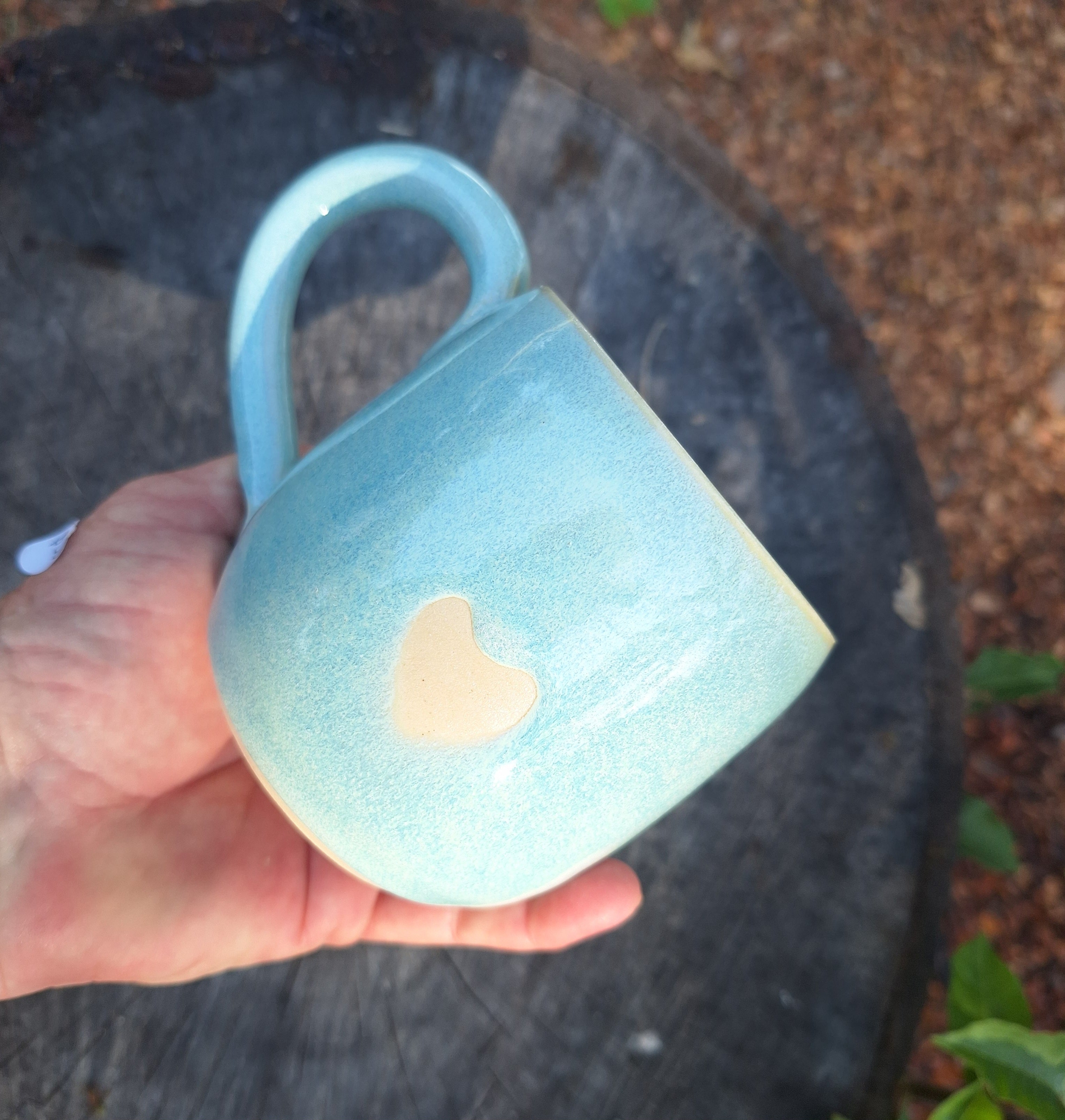 Pottery coffee mug - Green glaze with love heart