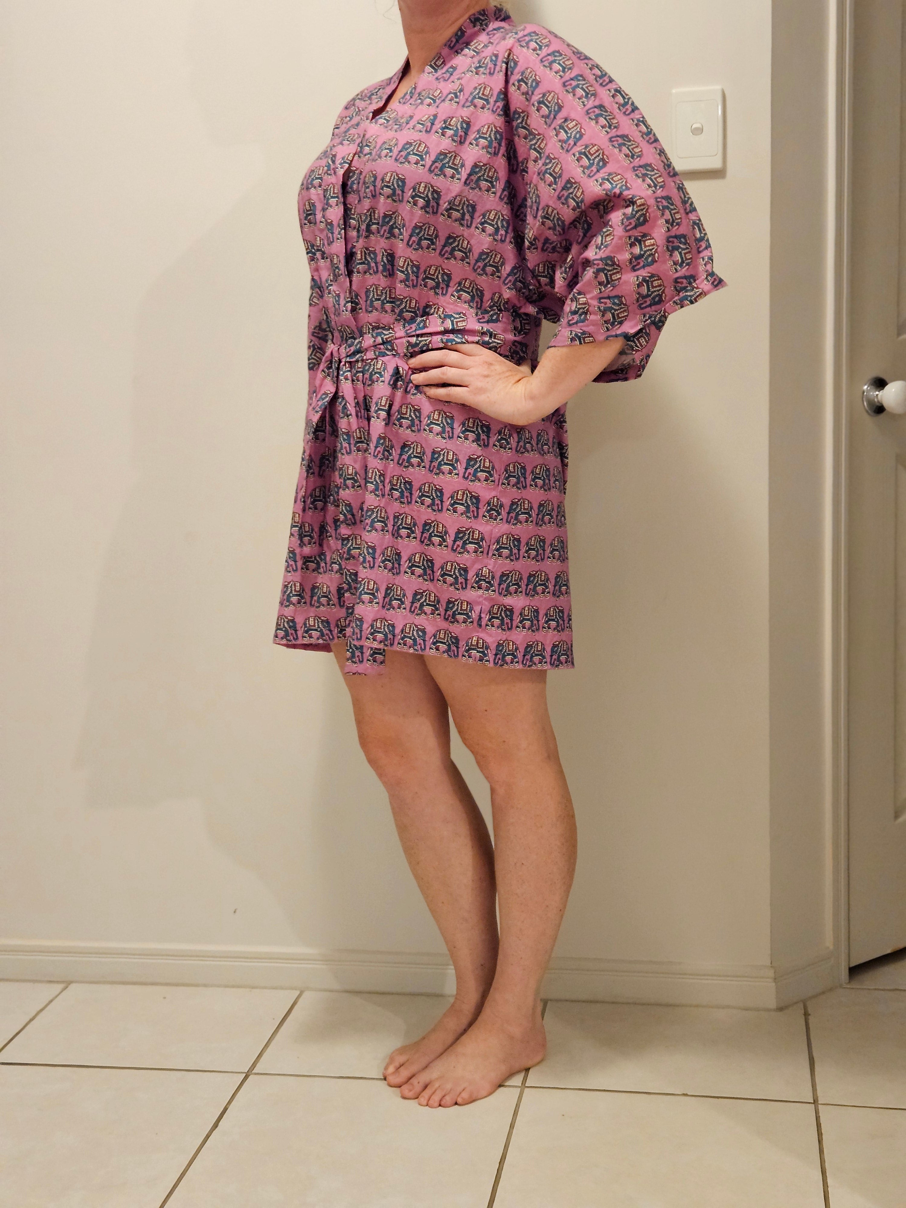 Dressing Gown 100% Cotton Pink Elephants