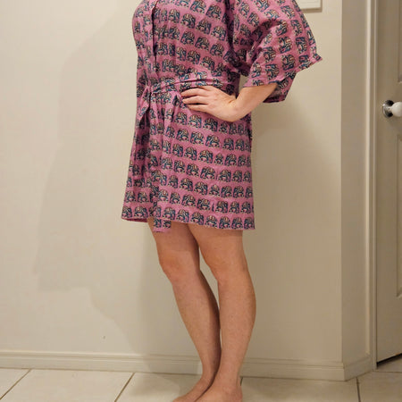 Dressing Gown 100% Cotton Pink Elephants
