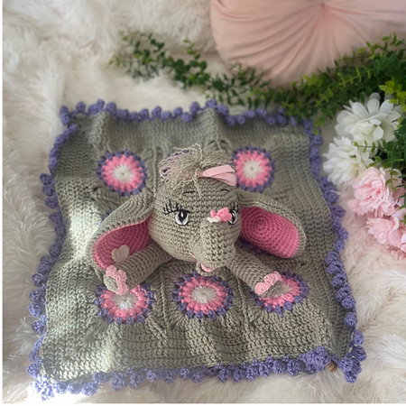 Crochet Elephant Lovey Blanket Miss Ellie, Crochet Elephant Snuggler 50 cms