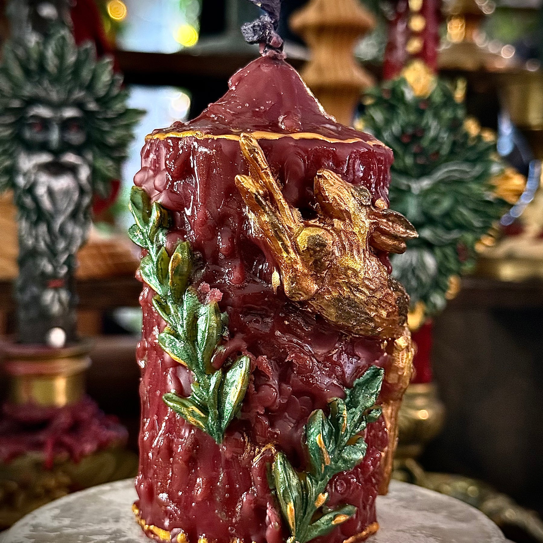 The Hare Intention Ritual Spell Altar Beeswax Pillar Candle Gold Burgundy