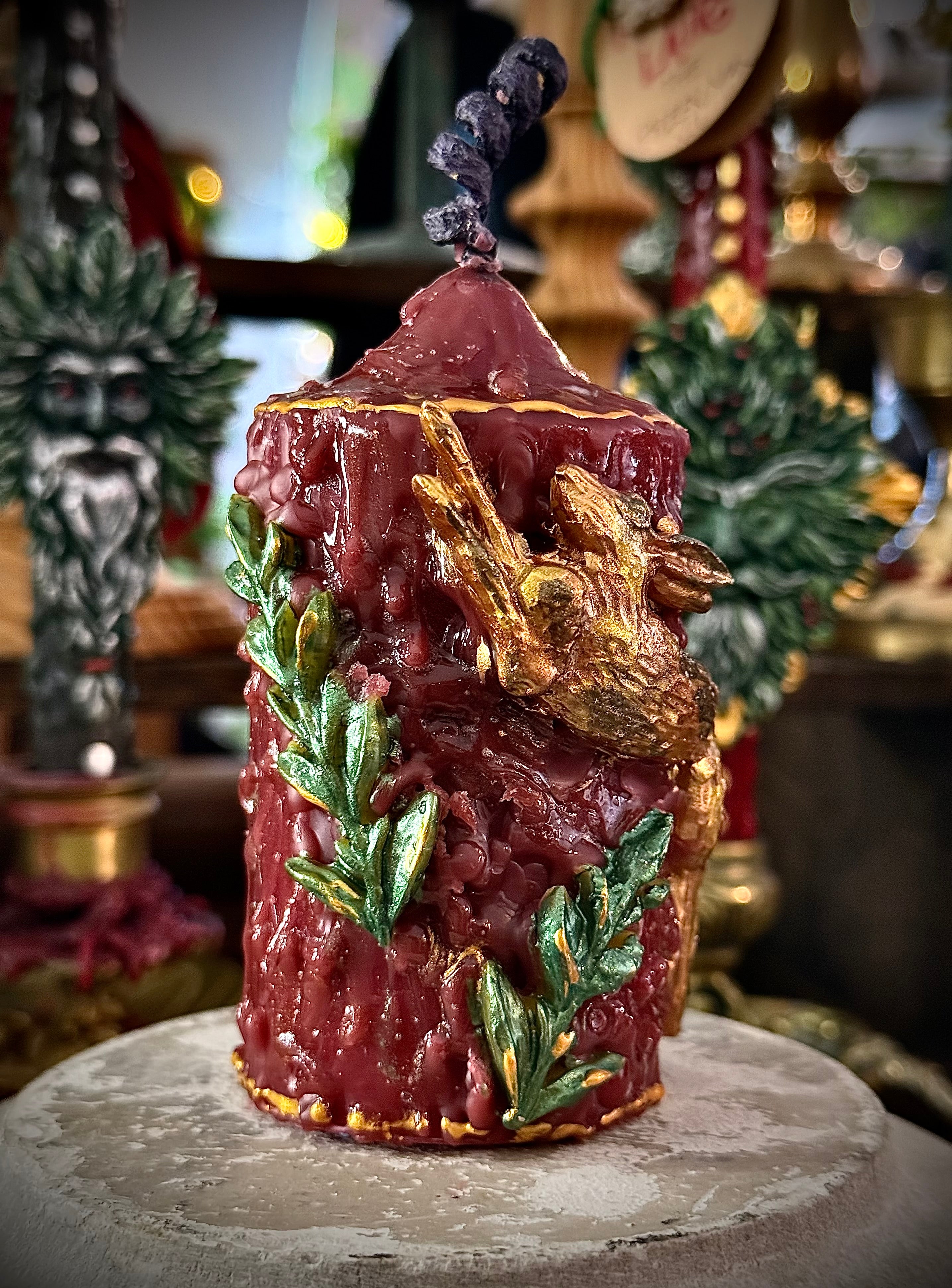 The Hare Intention Ritual Spell Altar Beeswax Pillar Candle Gold Burgundy