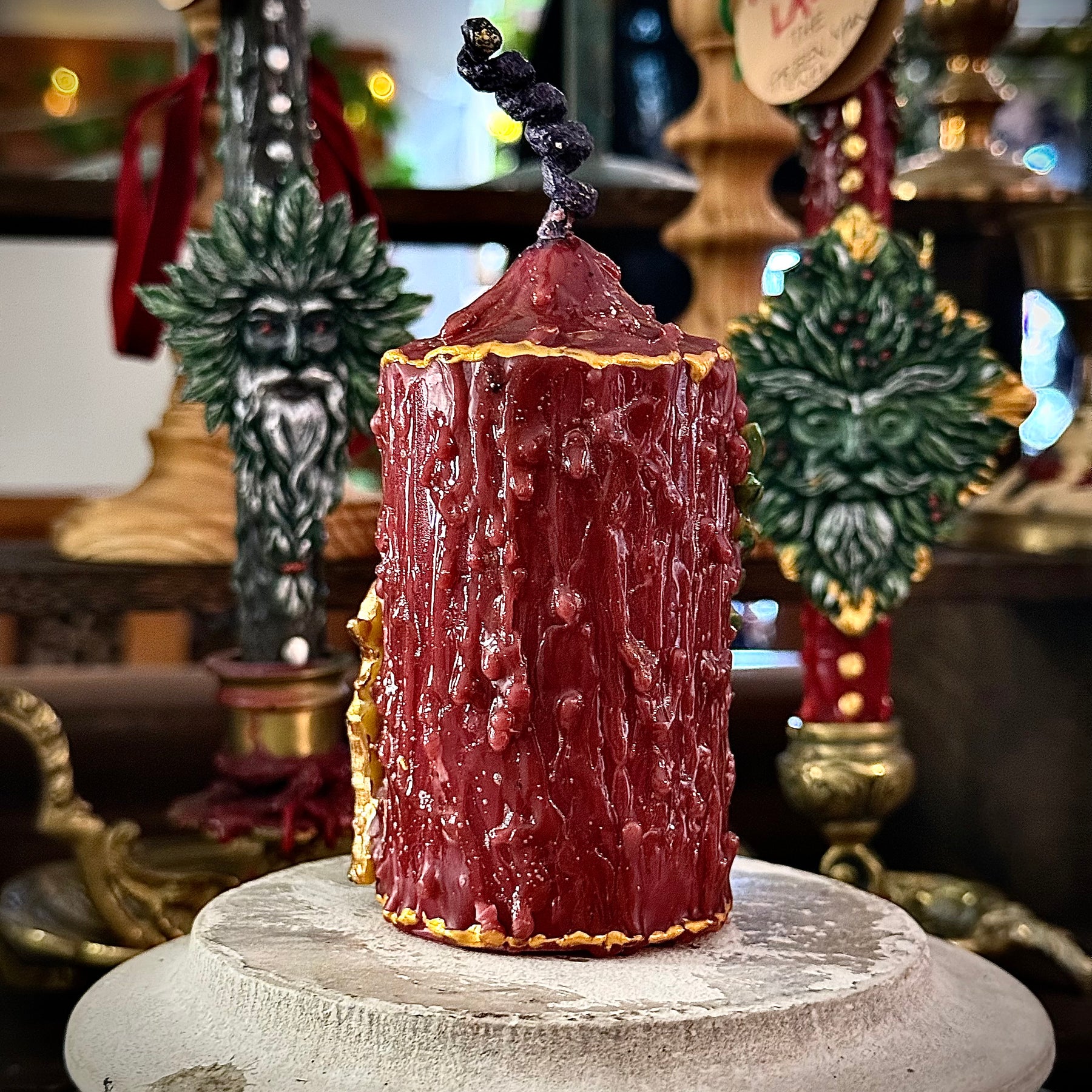 The Hare Intention Ritual Spell Altar Beeswax Pillar Candle Gold Burgundy