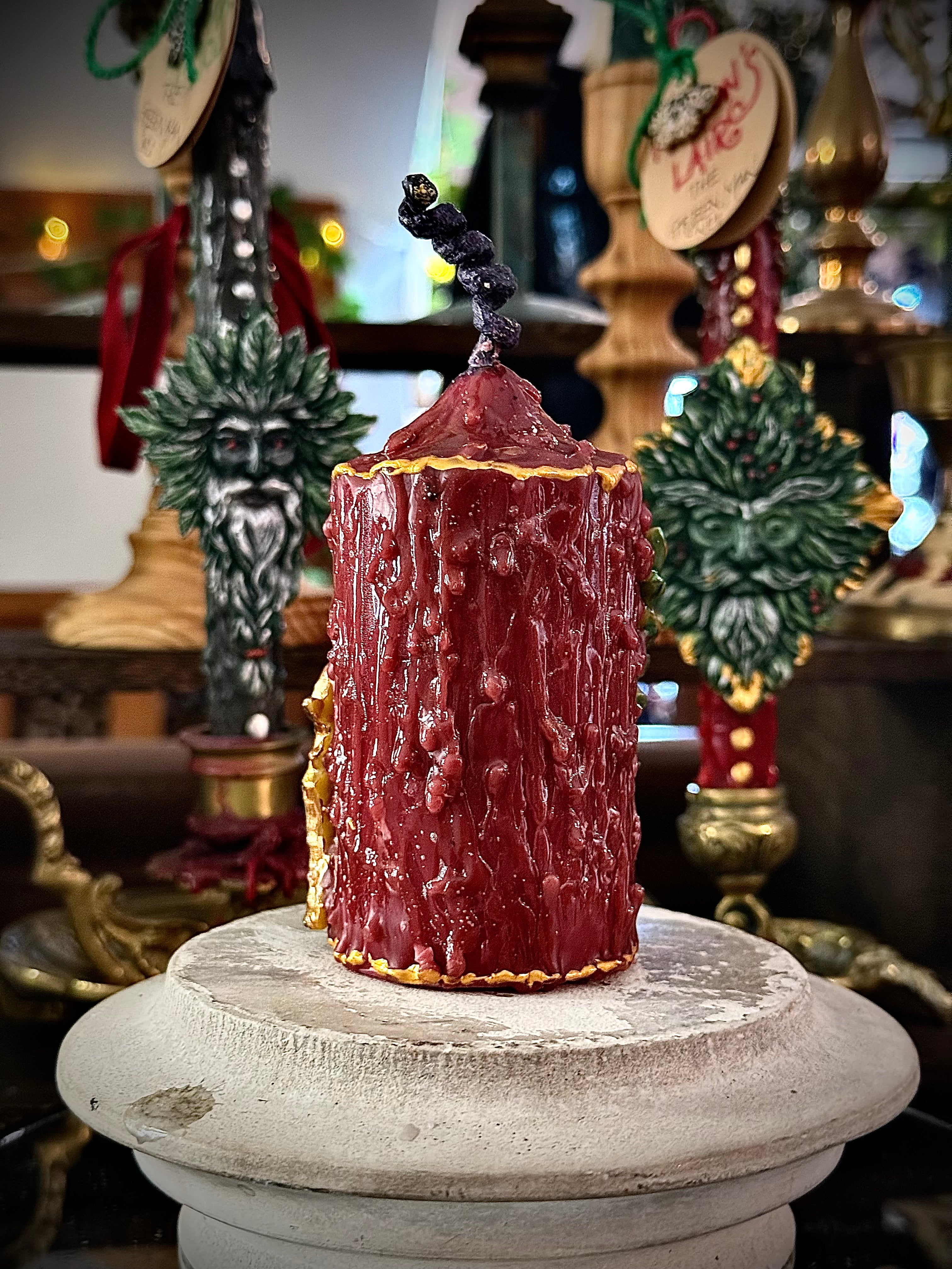 The Hare Intention Ritual Spell Altar Beeswax Pillar Candle Gold Burgundy
