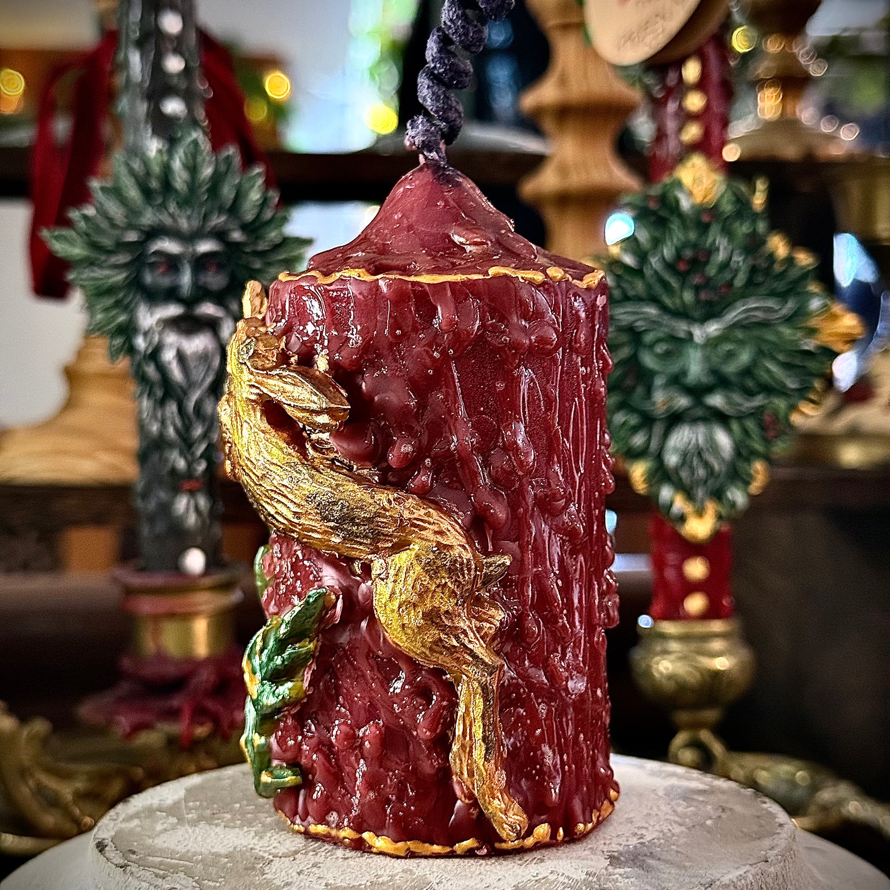 The Hare Intention Ritual Spell Altar Beeswax Pillar Candle Gold Burgundy