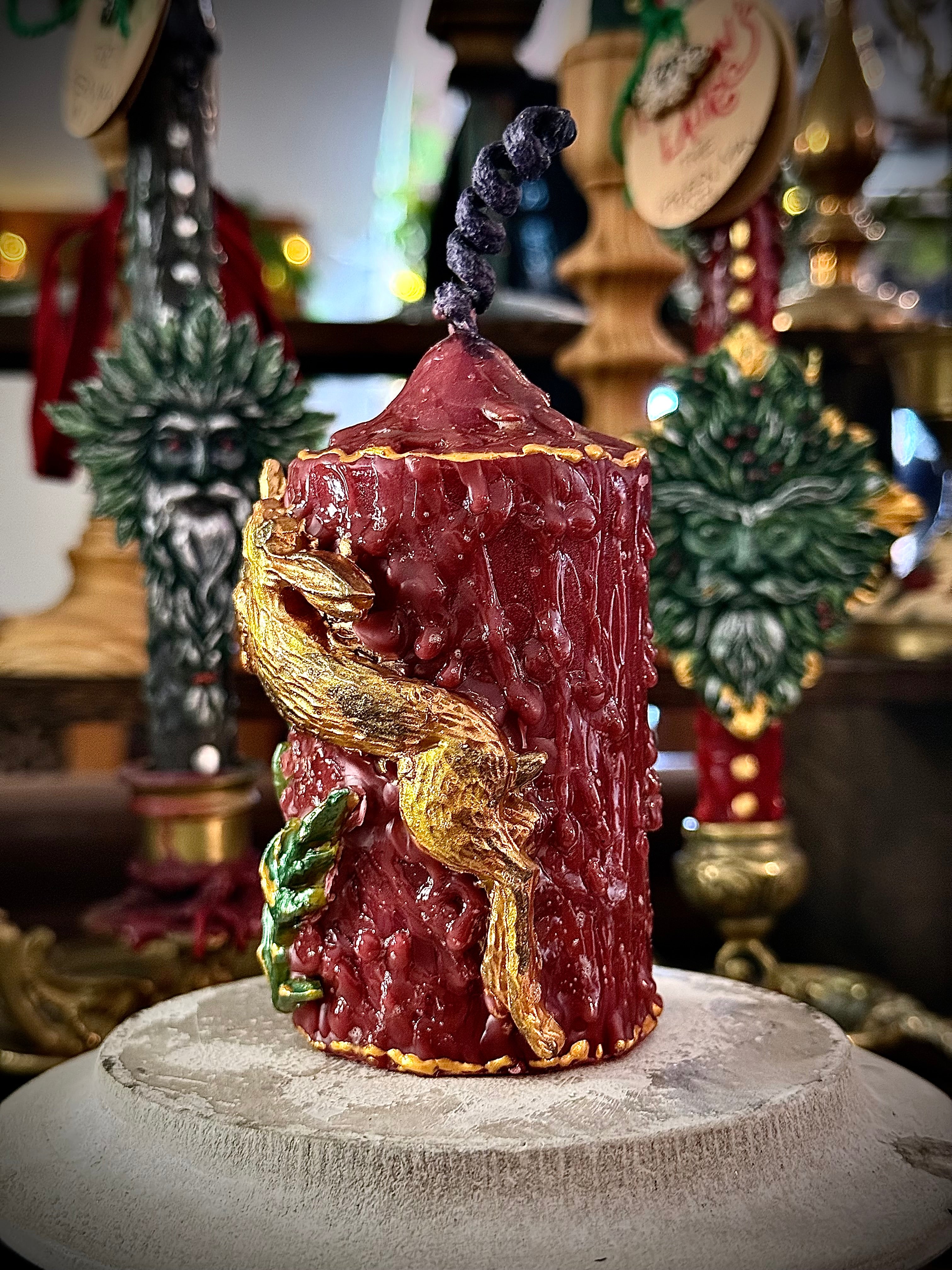 The Hare Intention Ritual Spell Altar Beeswax Pillar Candle Gold Burgundy