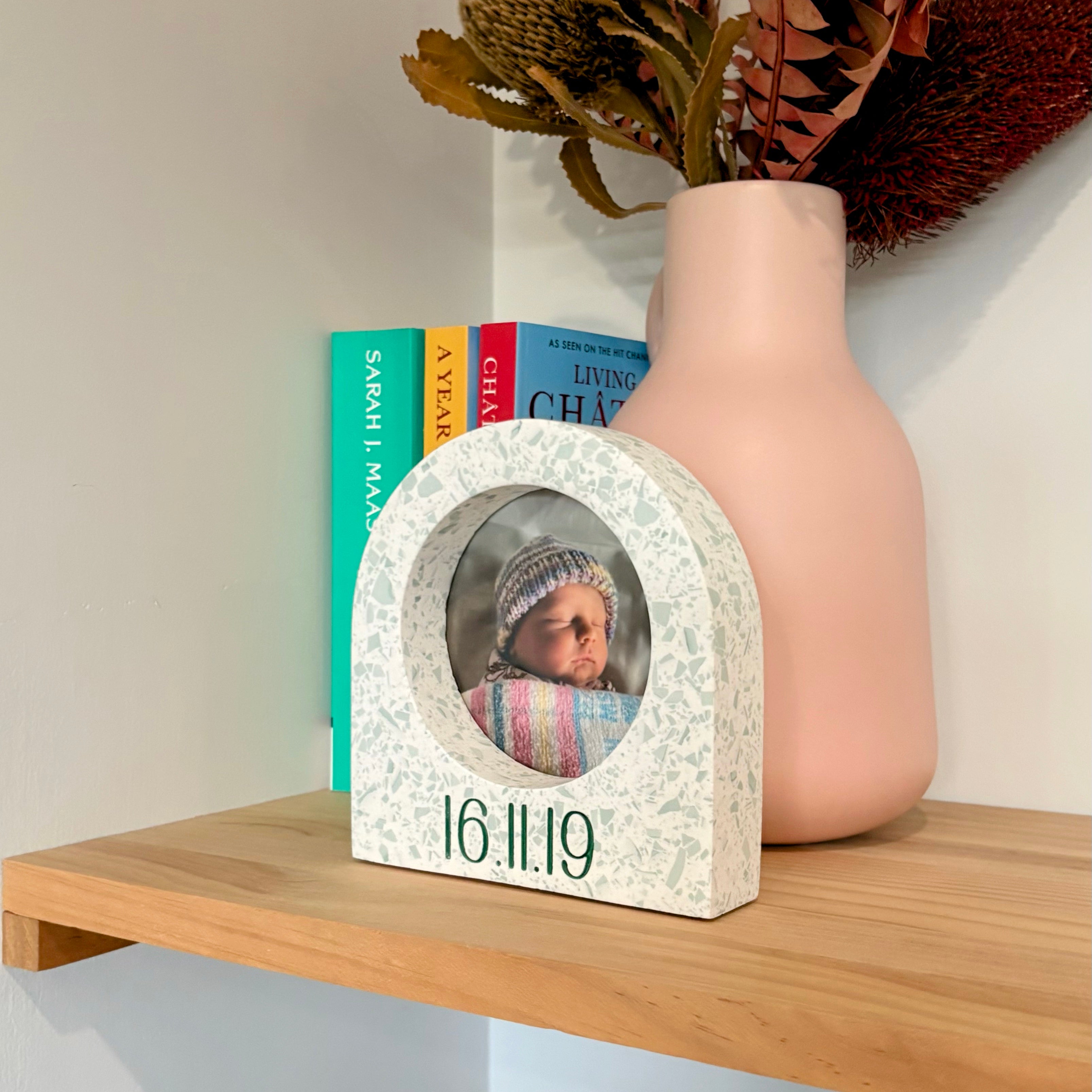 Child's name / birth-date arch terrazzo photo frame - multiple colour options