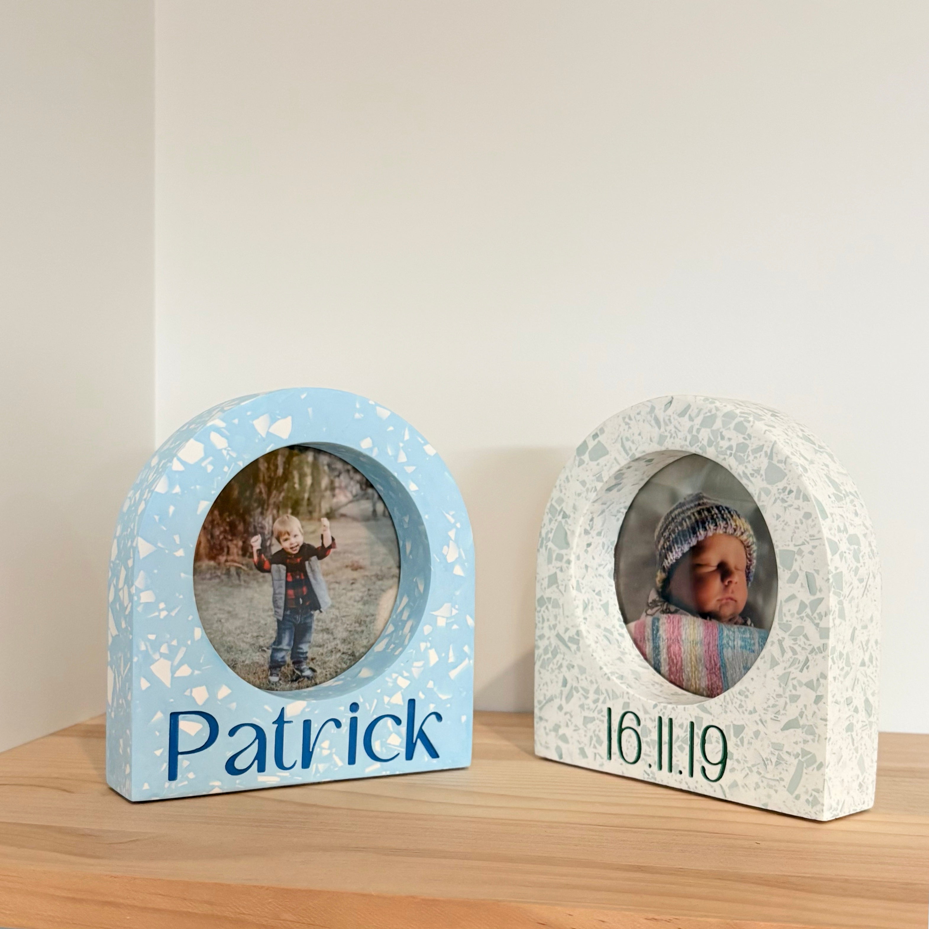 Child's name / birth-date arch terrazzo photo frame - multiple colour options