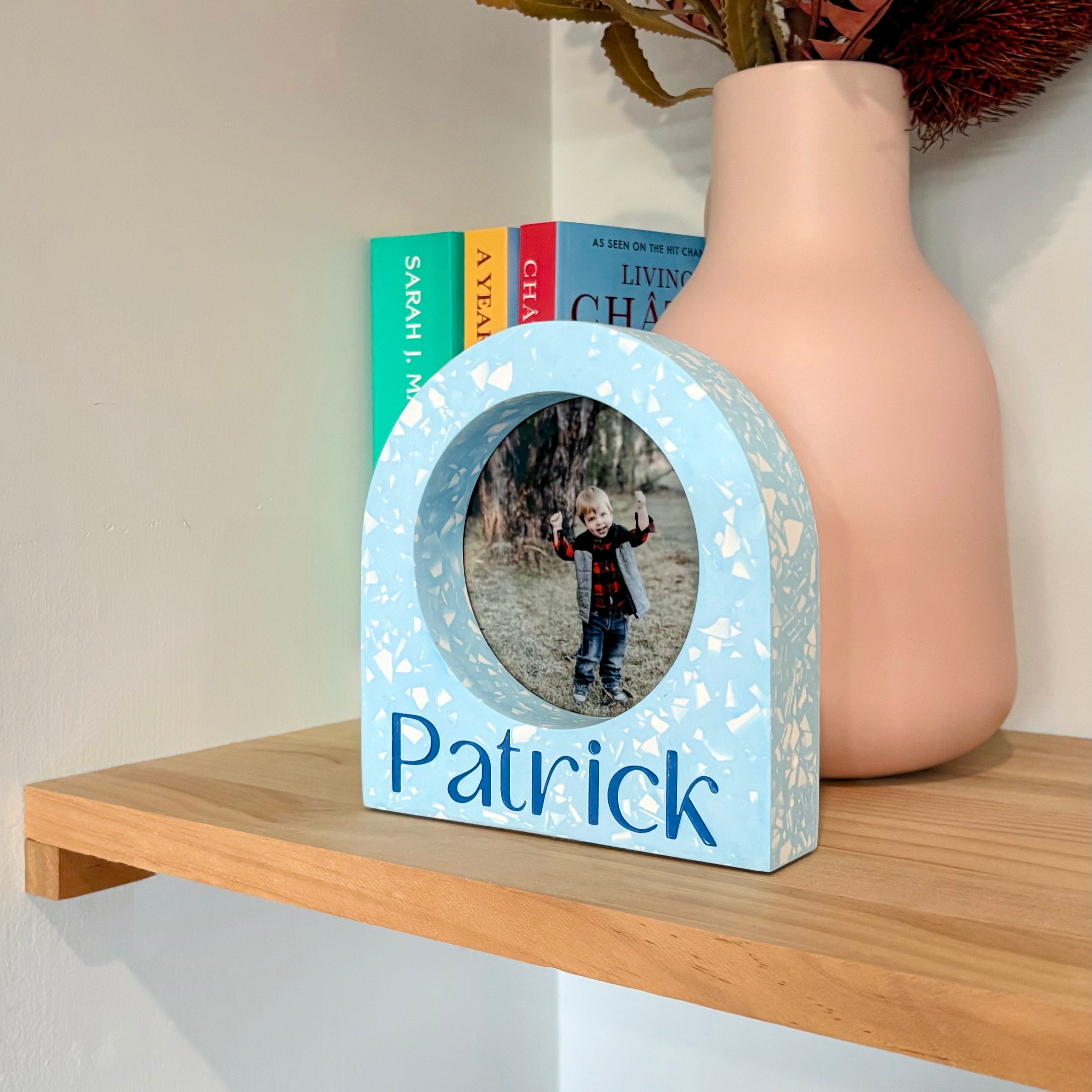 Child's name / birth-date arch terrazzo photo frame - multiple colour options