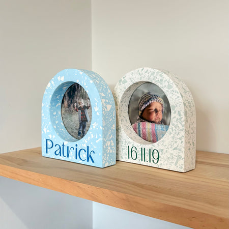 Child's name / birth-date arch terrazzo photo frame - multiple colour options