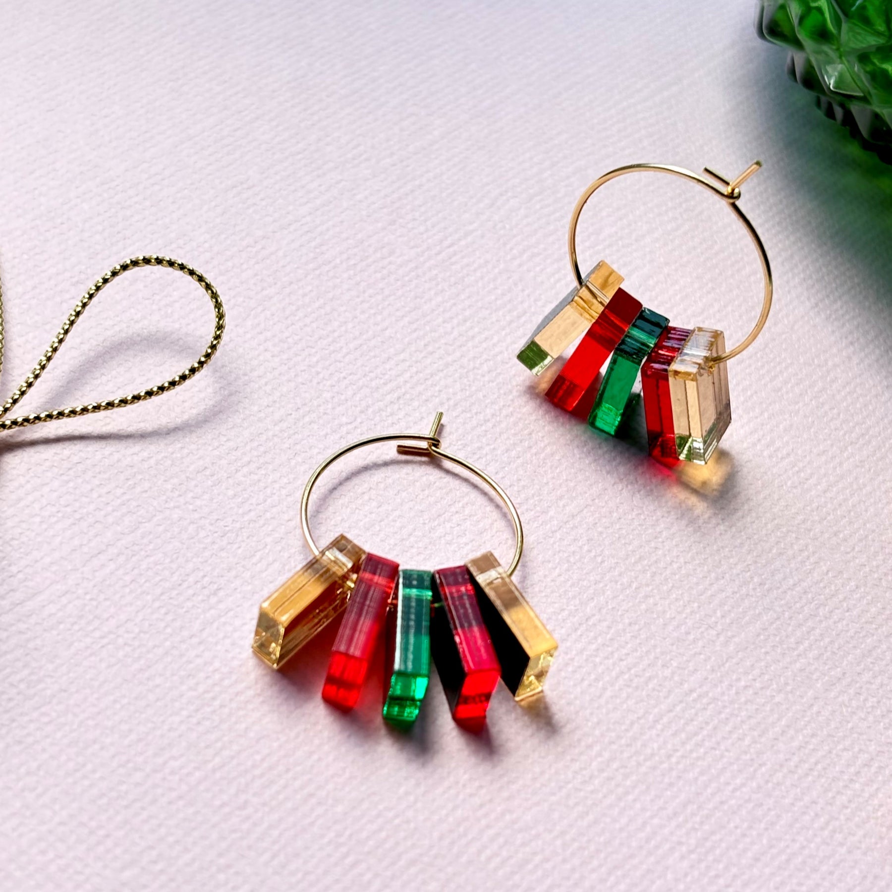 Earrings - 5 piece hoop red green and gold