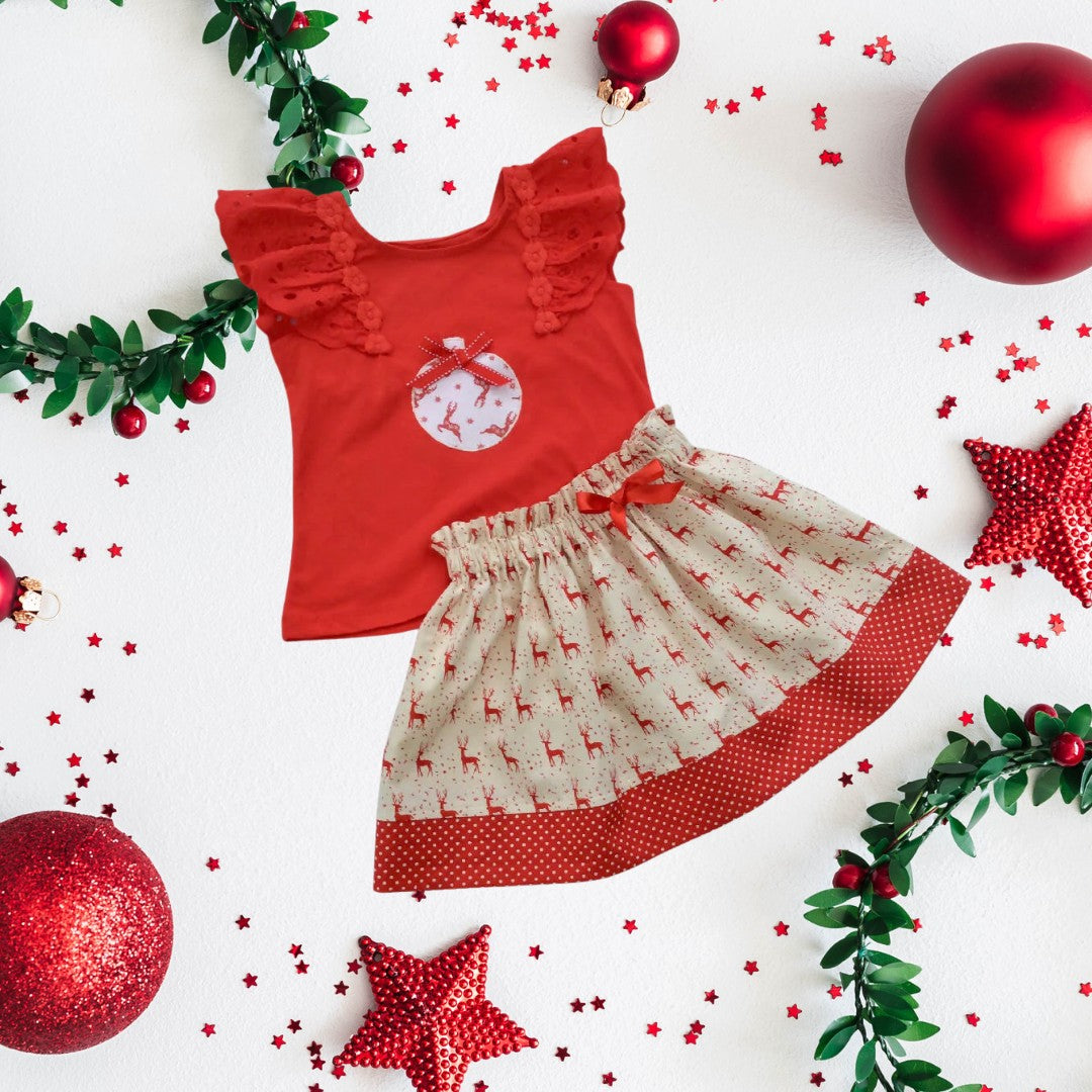 Girls' Christmas Skirt and Ruffle Top Set