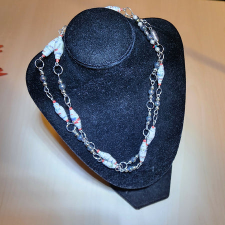 Beaded necklace. Handmade paper Beaded. Extra long necklace.