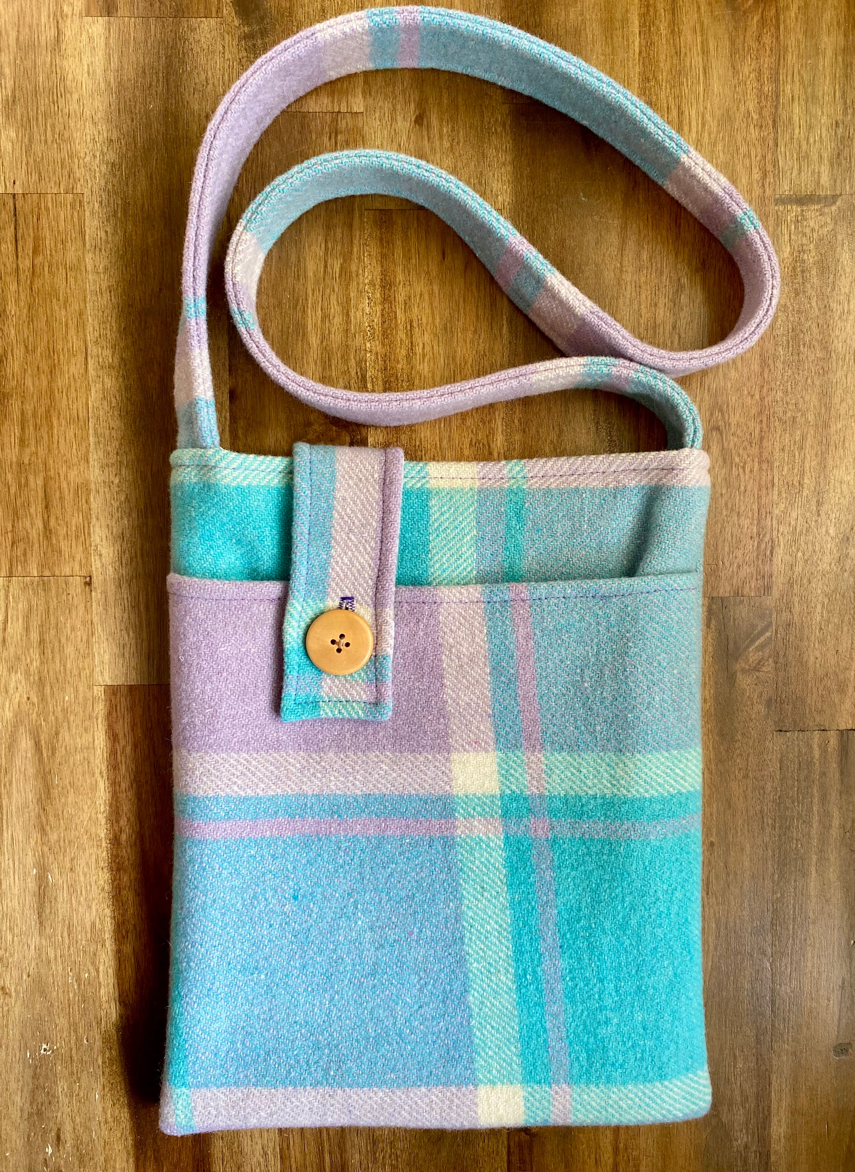 Upcycled Woollen Blanket - Cross Body Bag - Blue/Mauve