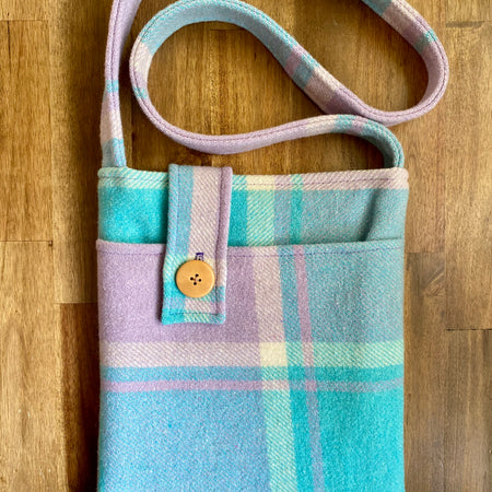 Upcycled Woollen Blanket - Cross Body Bag - Blue/Mauve