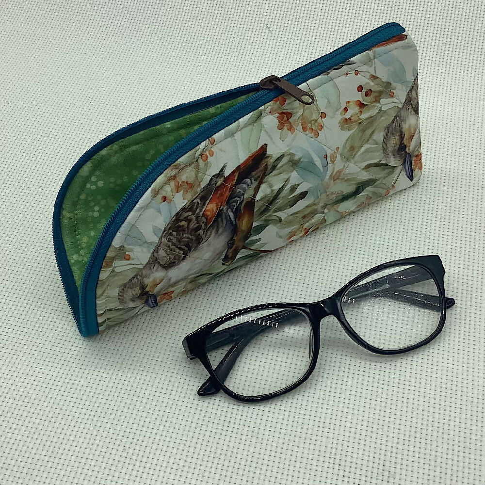 Australian Kookaburras curved top zip pouch for glasses, phones, handbag organiser, etc.