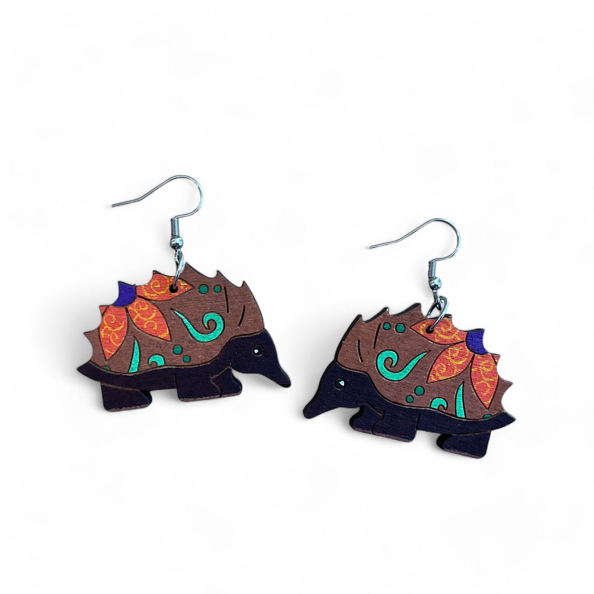 Wooden Australian animal earrings - Echidna - hand painted