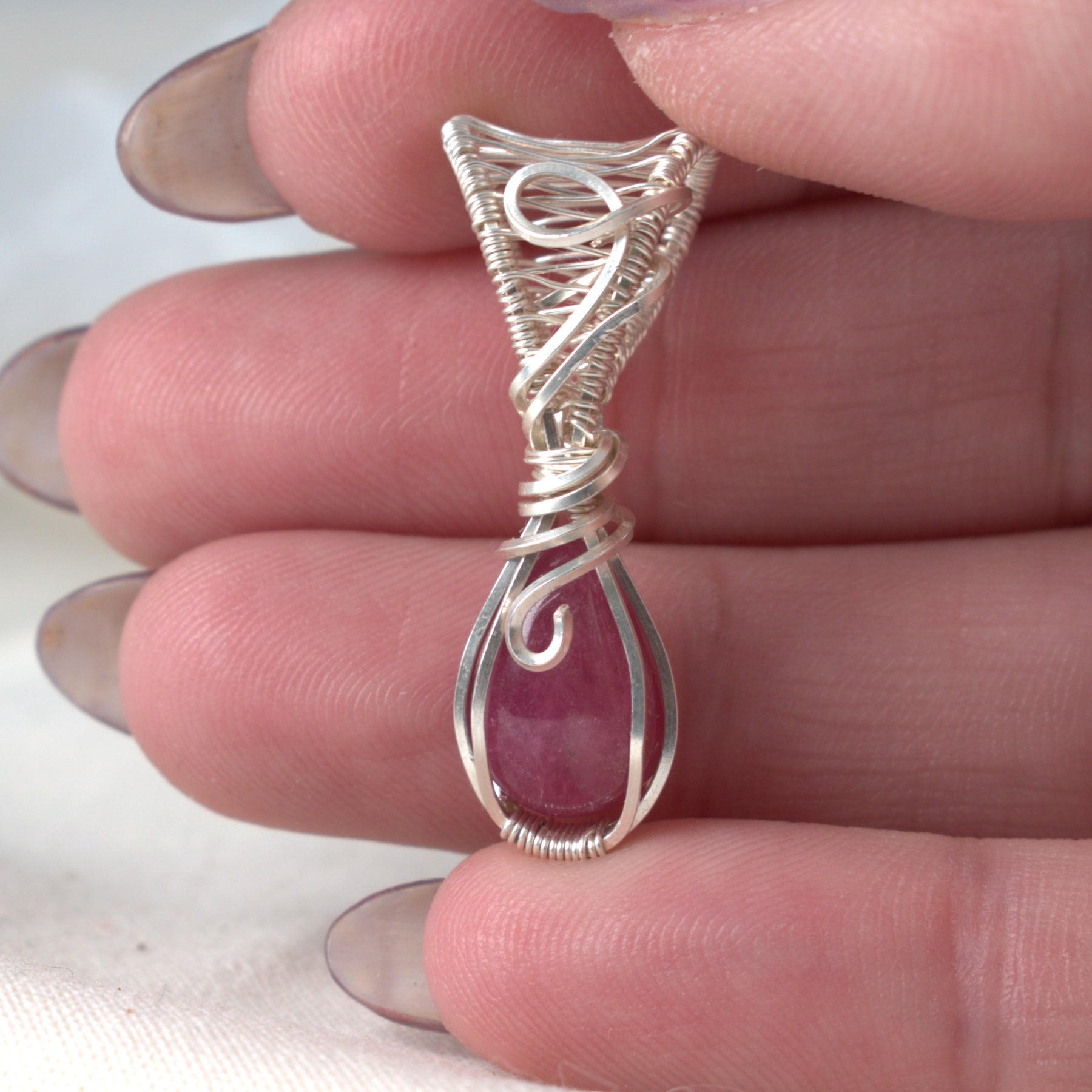 October Rose – Natural Rose Tourmaline Pendant in Silver-Filled Wire