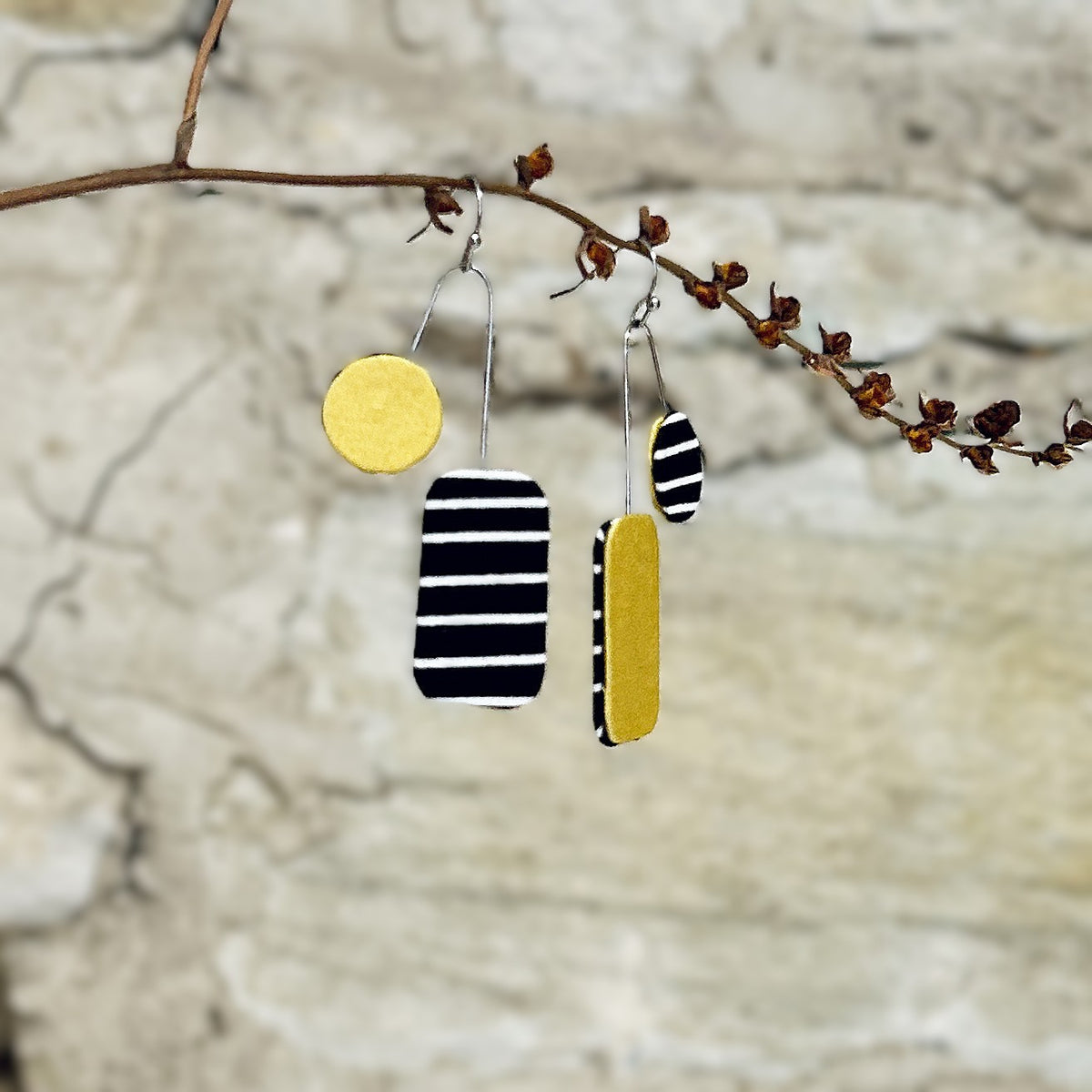 Earrings Asymmetrical Textile Yellow Black White Stripe - EC-646