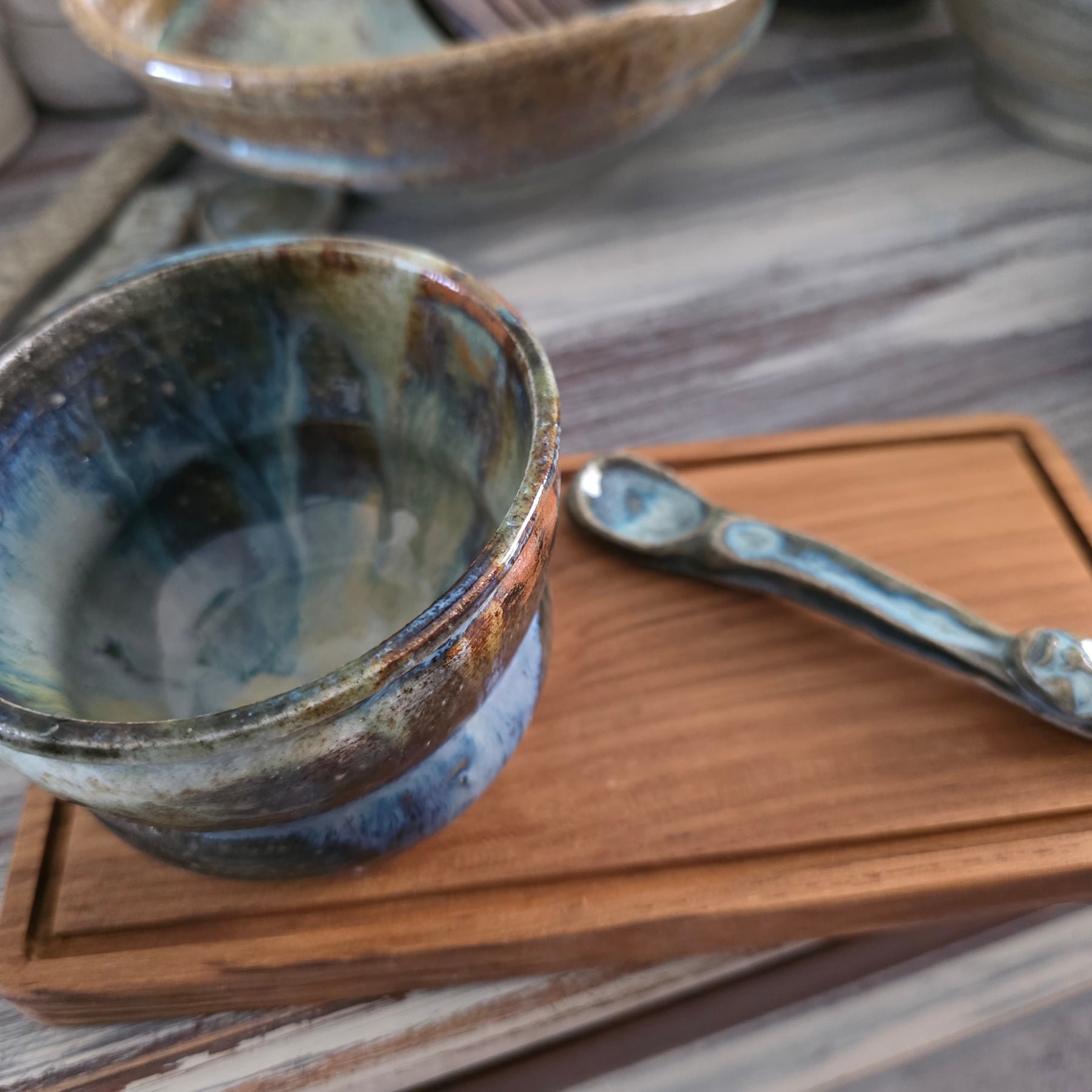 Handmade Rustic Ceramic Bowl, Spoon & Timber Board Set