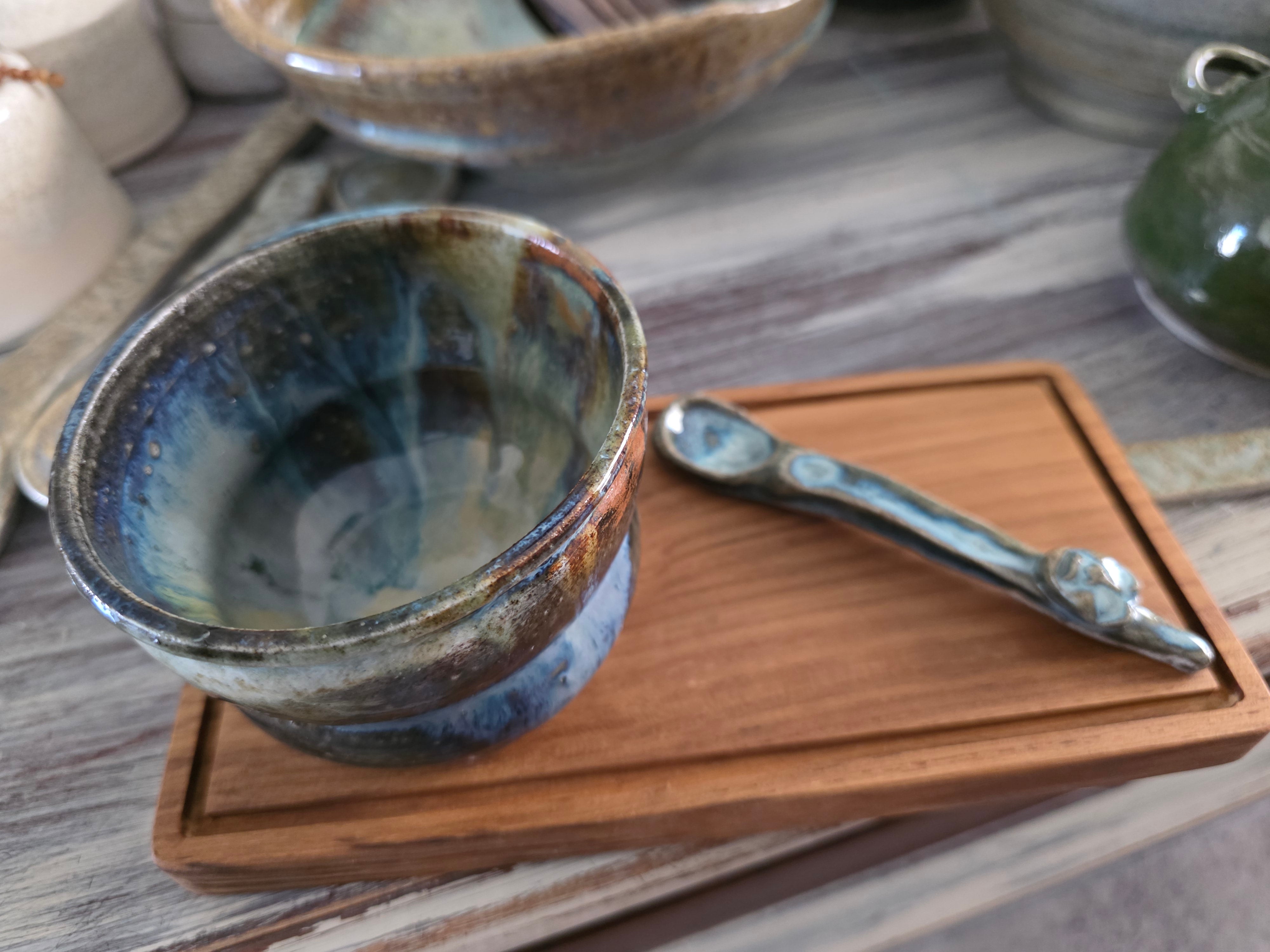 Handmade Rustic Ceramic Bowl, Spoon & Timber Board Set