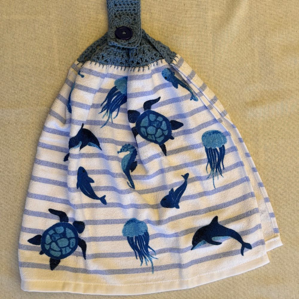 Crochet-Topped Cotton Hanging Towel - BLUE TONES