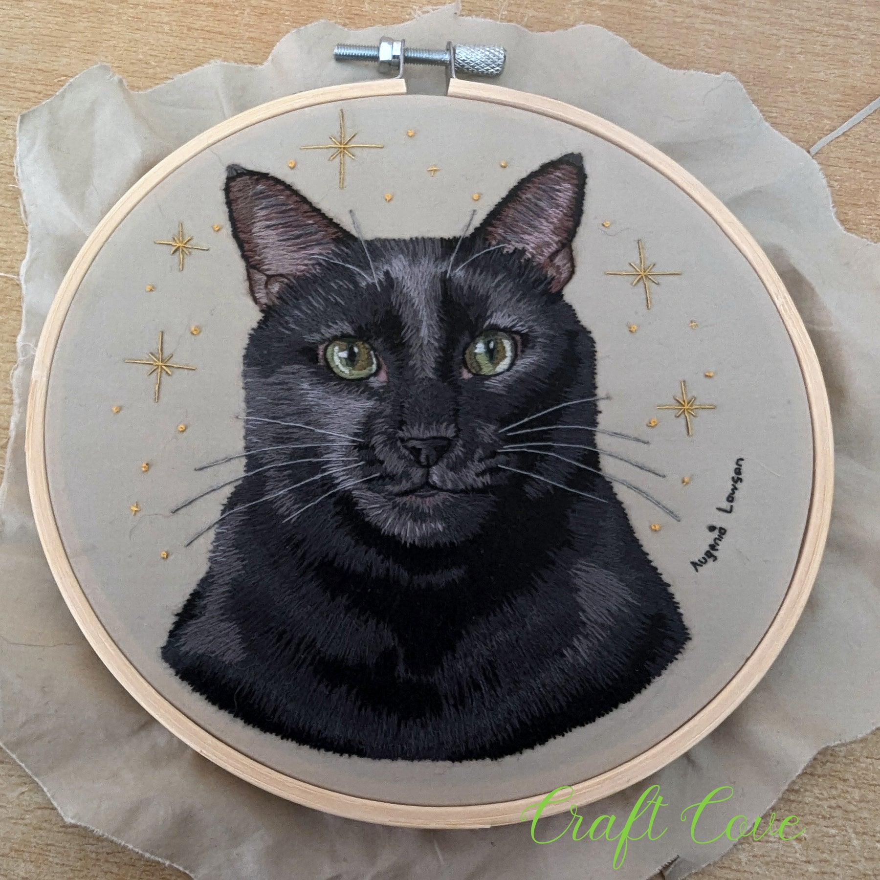 Black Cat Thread Painting – Hand Embroidered Pet Portrait in Hoop