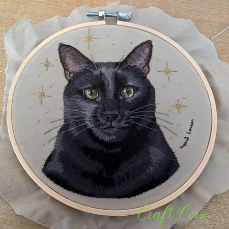 Black Cat Thread Painting – Hand Embroidered Pet Portrait in Hoop
