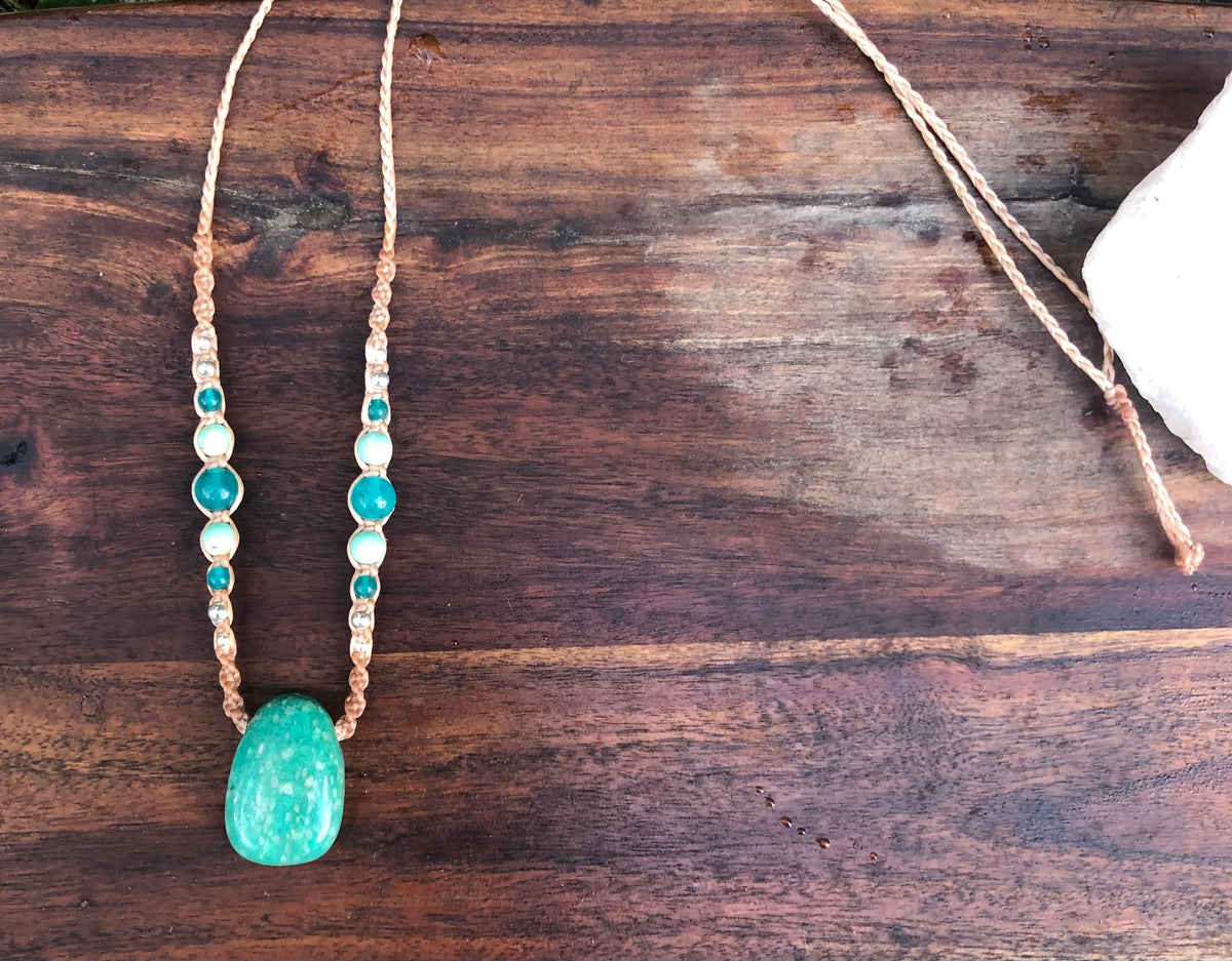 Amazonite Pendant, necklace macrame beaded adjustable boho