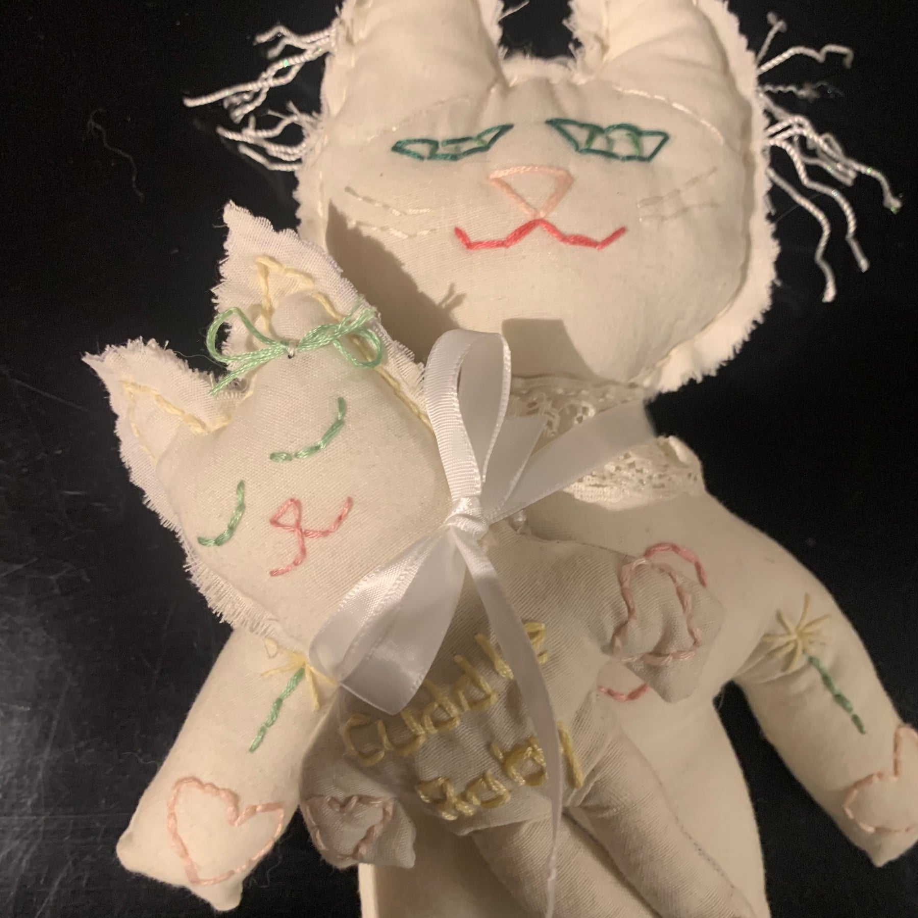 Cuddle Cat and Cuddle Kitten Hand Made Hand Embroidered
