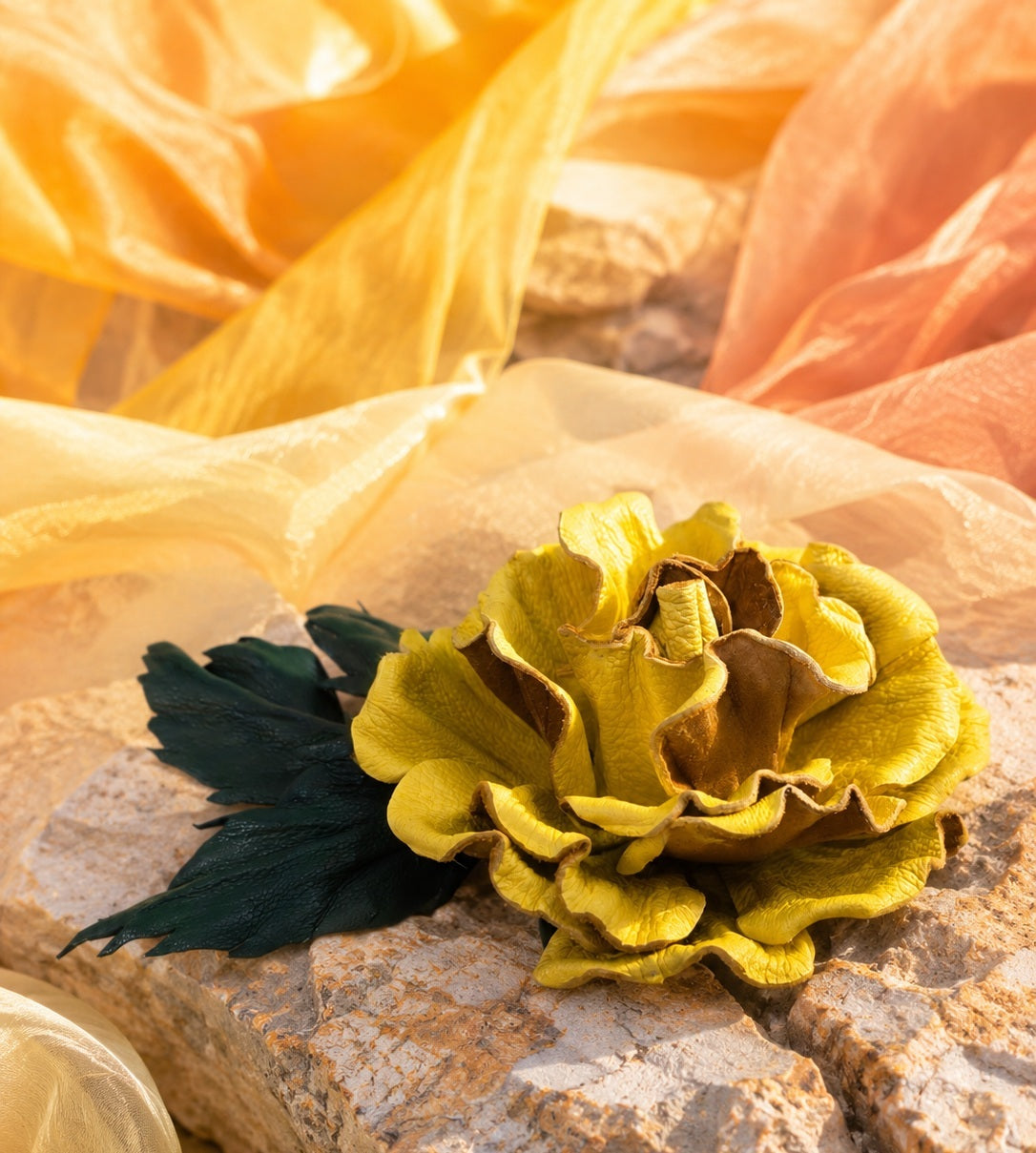 Leather Rose “Golden Olive”  Brooch Flower,  Hair/Hat  Clip
