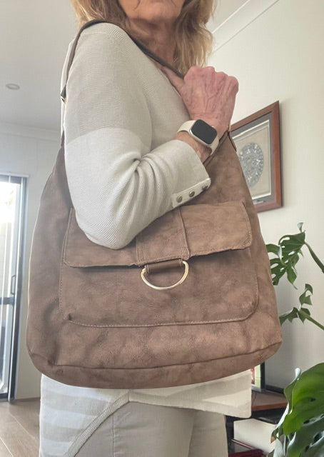 Brown Faux Leather-Look Fabric Slouch Bag