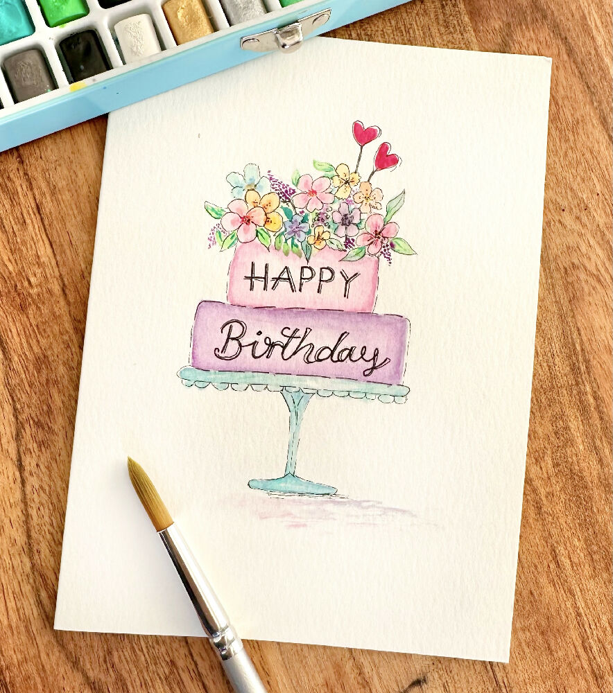 Handpainted Watercolour Greeting Cards Blank - Birthday