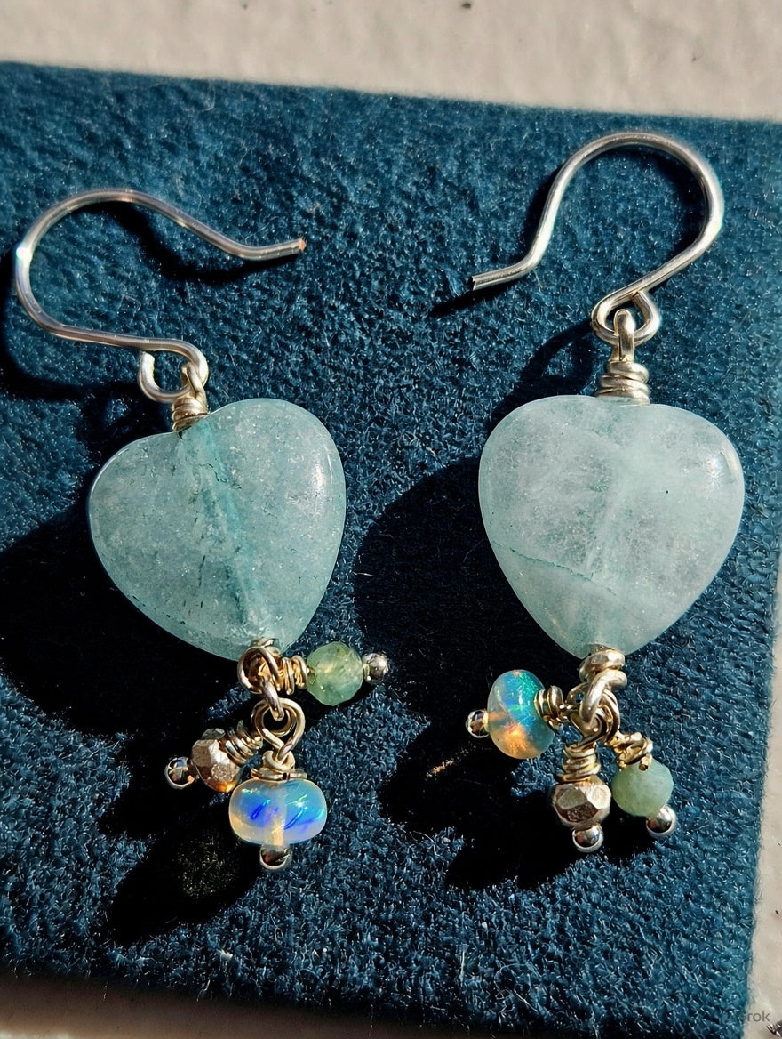 Aquamarine Heart & Ethiopian Opal Earrings