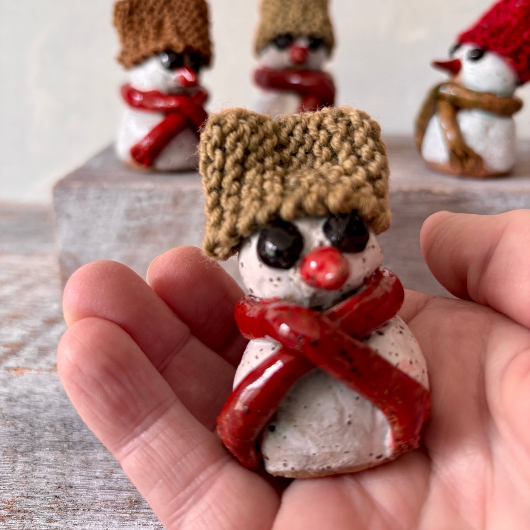 Ceramic Snowman with light-brown hand-knitted hat (26-14)