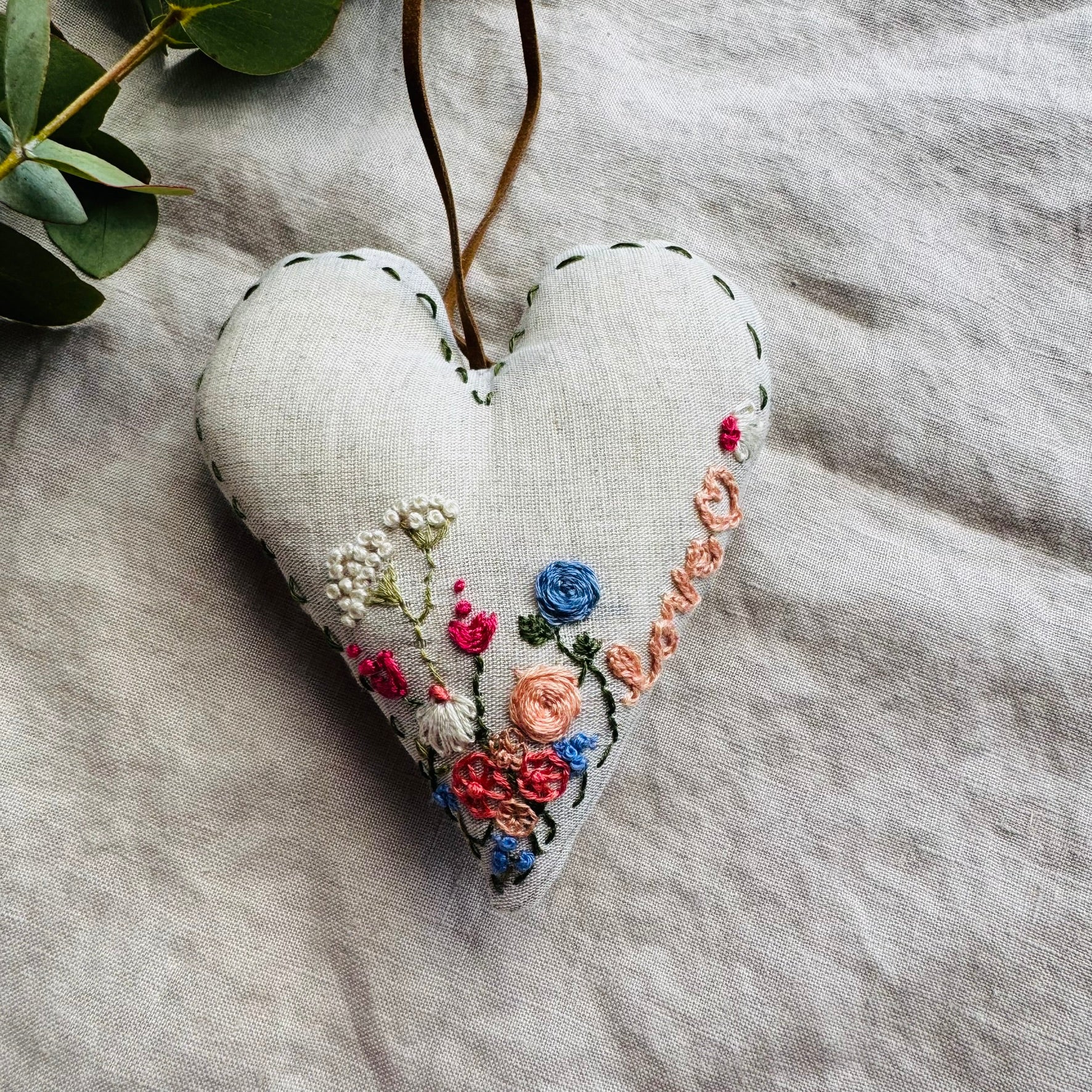 Hand Embroidered Keepsake Heart filled with Australian wool - love