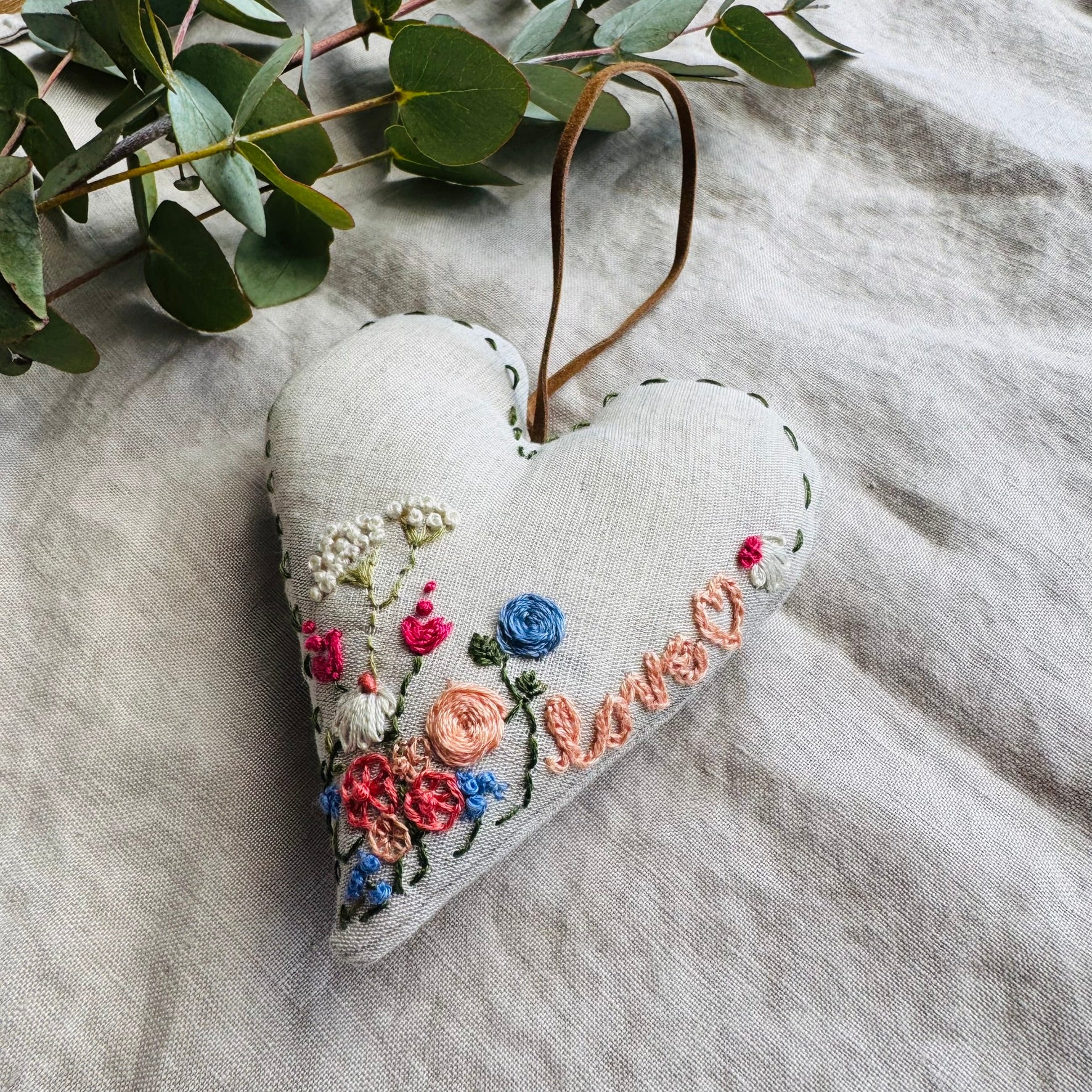 Hand Embroidered Keepsake Heart filled with Australian wool - love