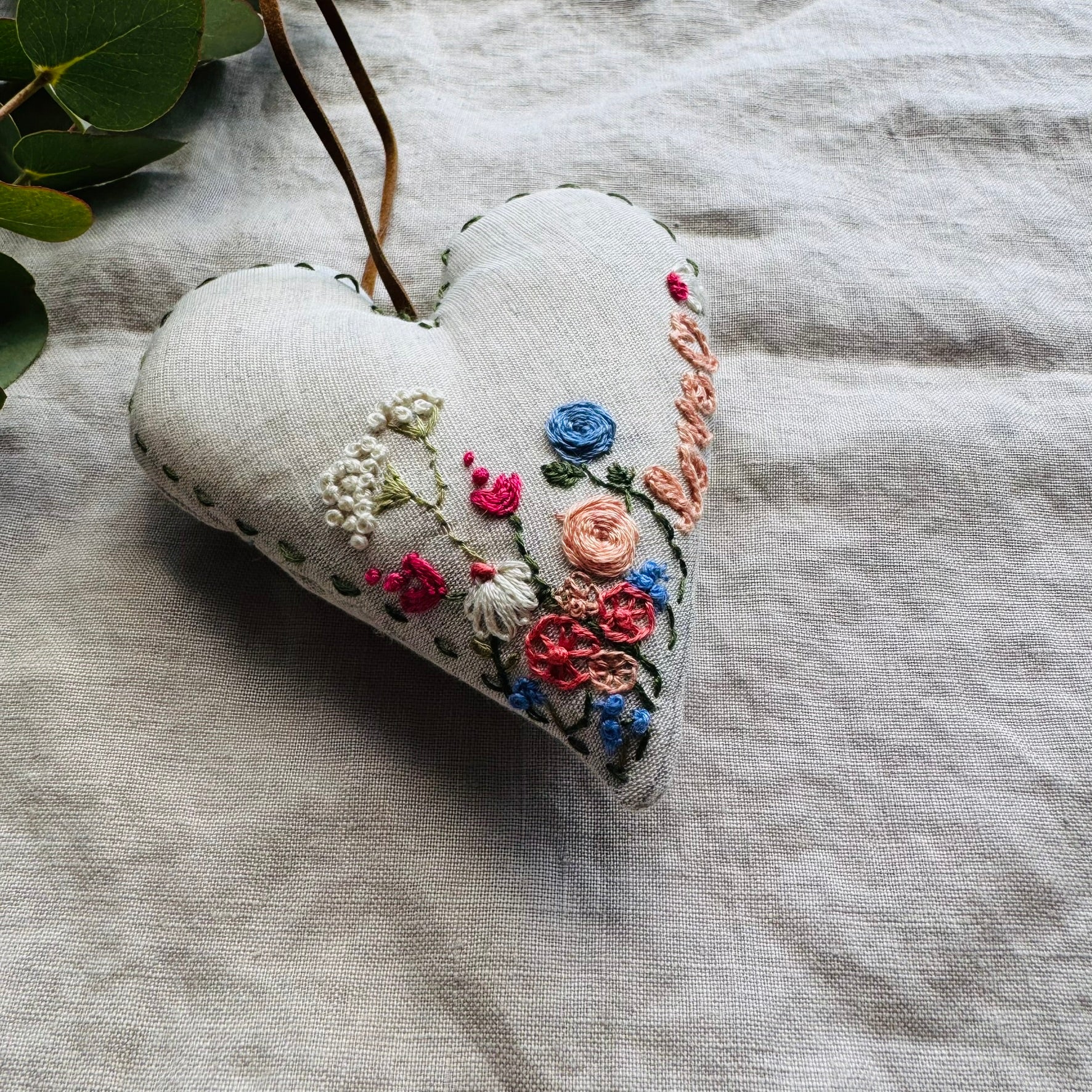 Hand Embroidered Keepsake Heart filled with Australian wool - love