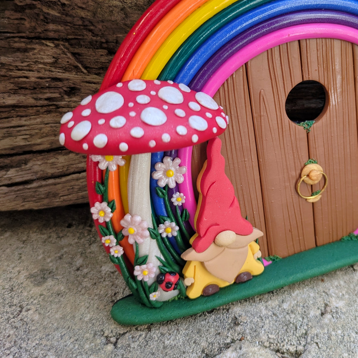 Rainbow Fairy Door with Gnome Visitor