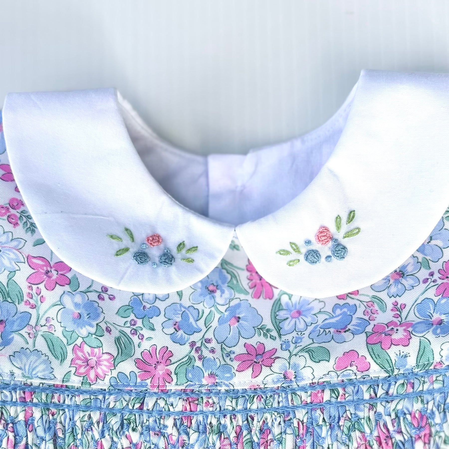 Liberty Smocked Dress with Hand Embroidered Collar in Blue and Pink