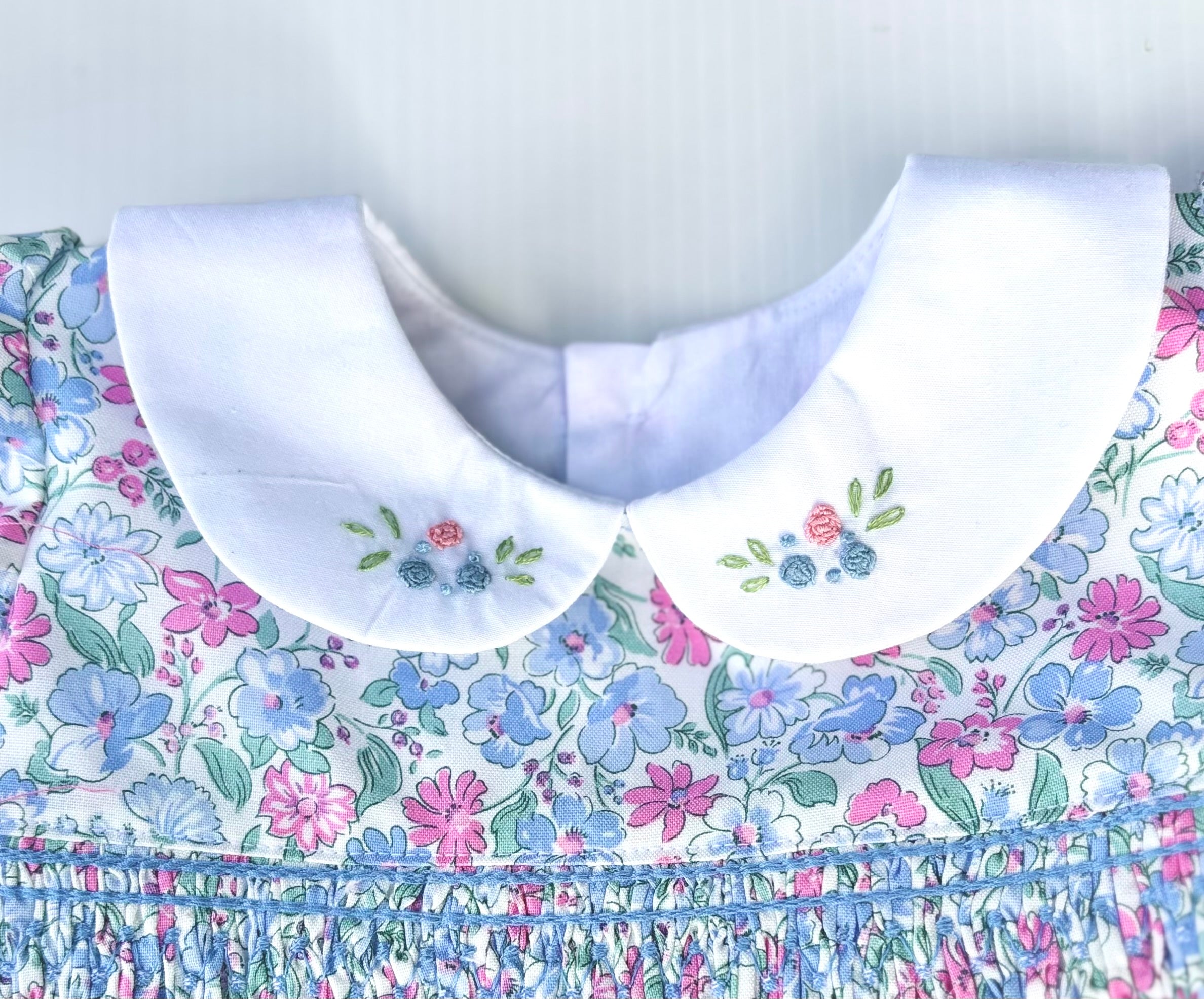 Liberty Smocked Dress with Hand Embroidered Collar in Blue and Pink